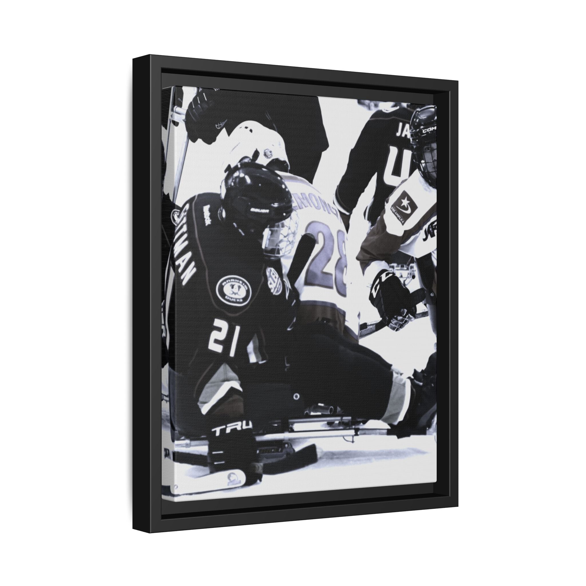 Framed Hockey Action Matte Canvas Print — Black & White Sports Wall Art