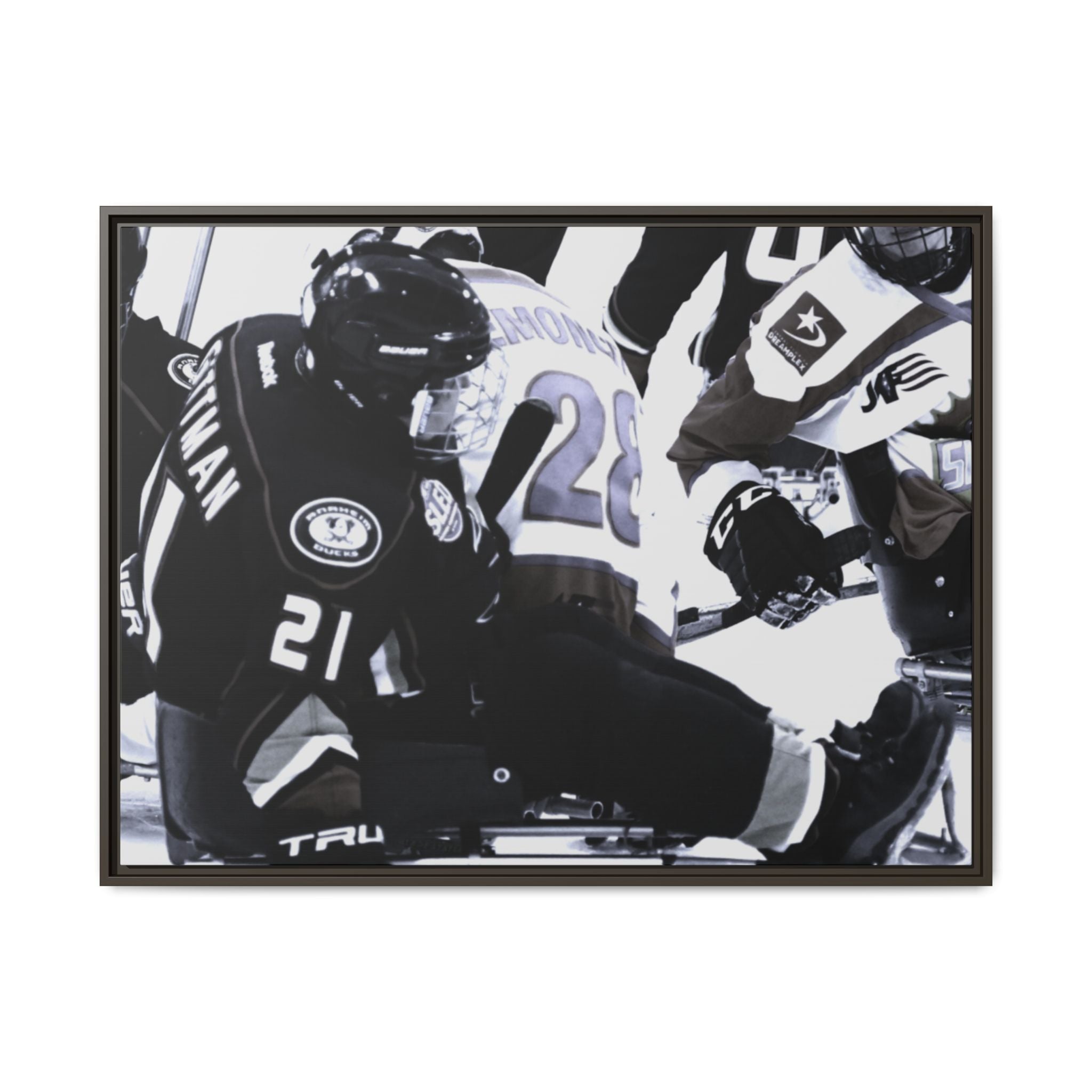 Framed Hockey Action Matte Canvas Print — Black & White Sports Wall Art