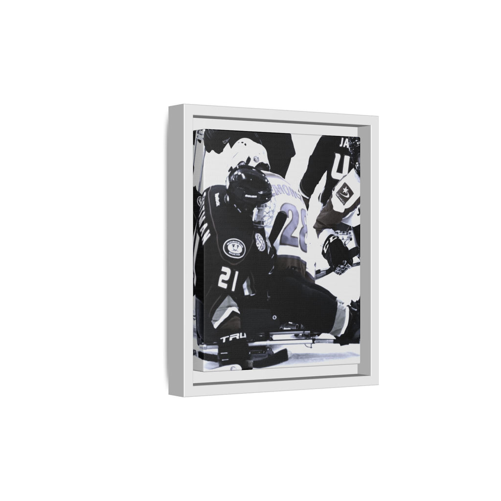 Framed Hockey Action Matte Canvas Print — Black & White Sports Wall Art