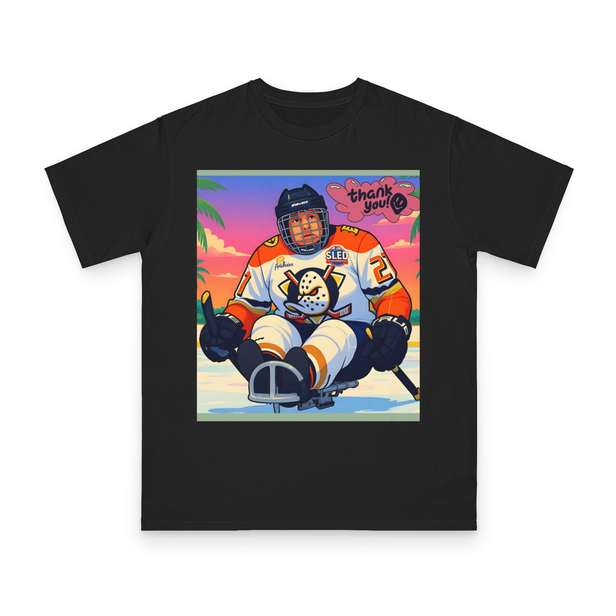 Hockey Sled Player Retro Sunset T-Shirt — 'thank you' Graphic