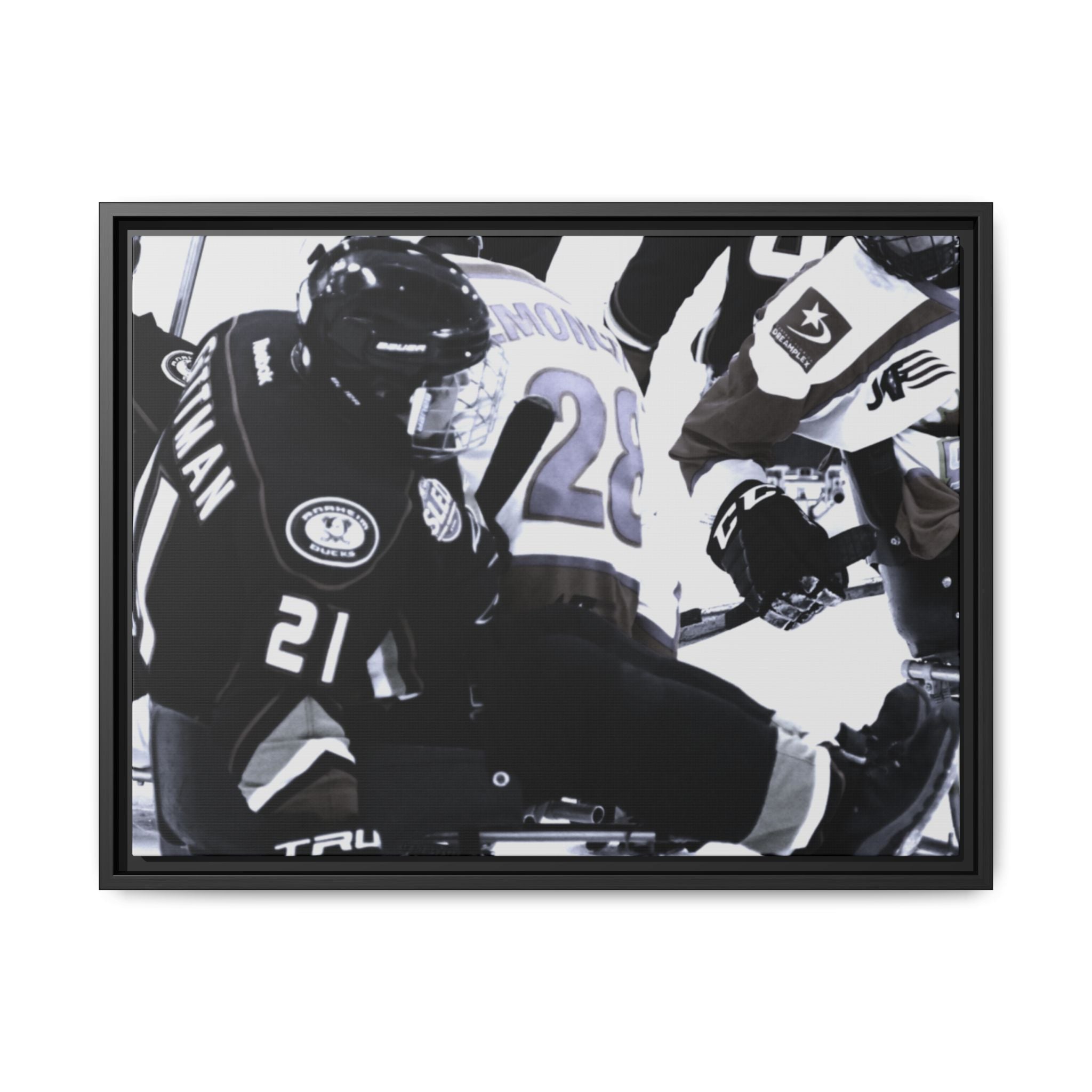 Framed Hockey Action Matte Canvas Print — Black & White Sports Wall Art