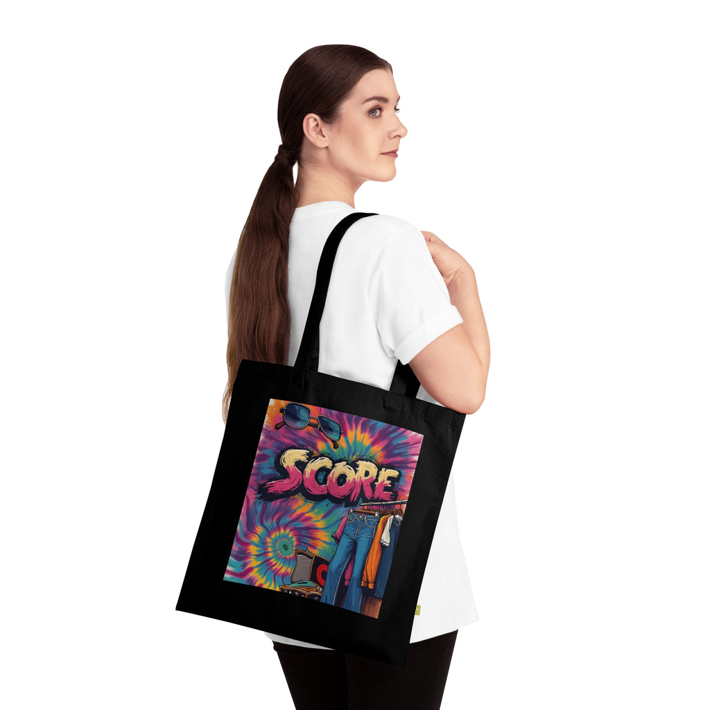 Score Tie-Dye Tote Bag — Retro 70s Skateboard Graphic Organic Cotton Tote
