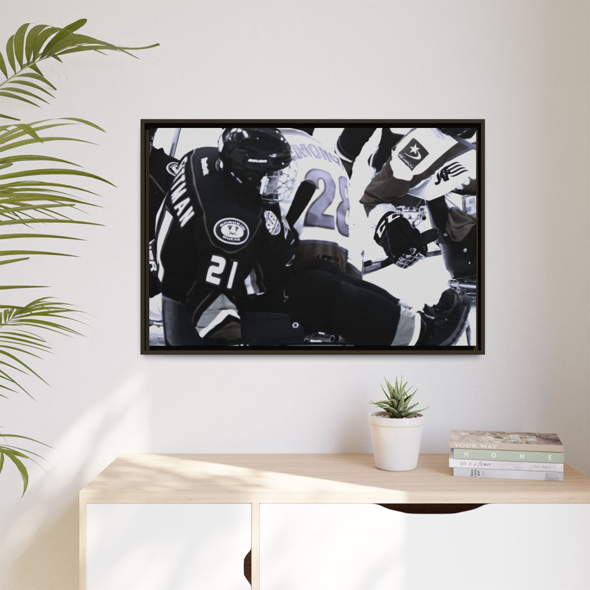 Framed Hockey Action Matte Canvas Print — Black & White Sports Wall Art