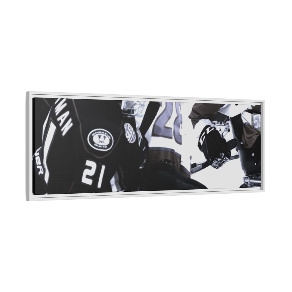 Framed Hockey Action Matte Canvas Print — Black & White Sports Wall Art