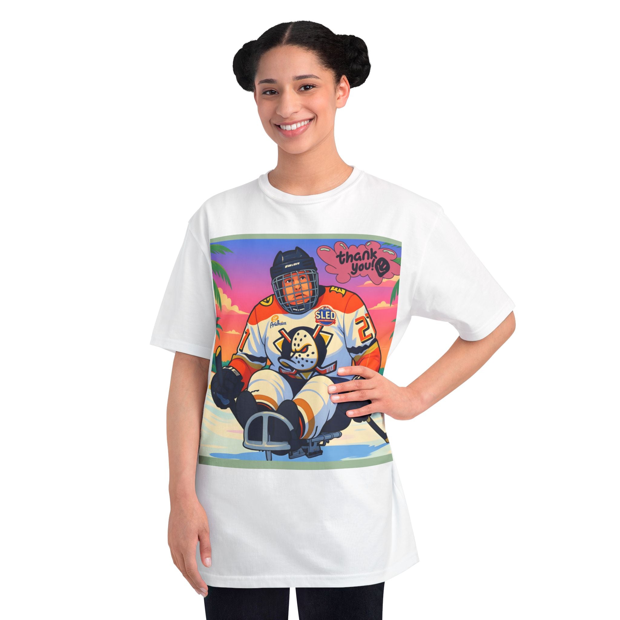 Hockey Sled Player Retro Sunset T-Shirt — 'thank you' Graphic