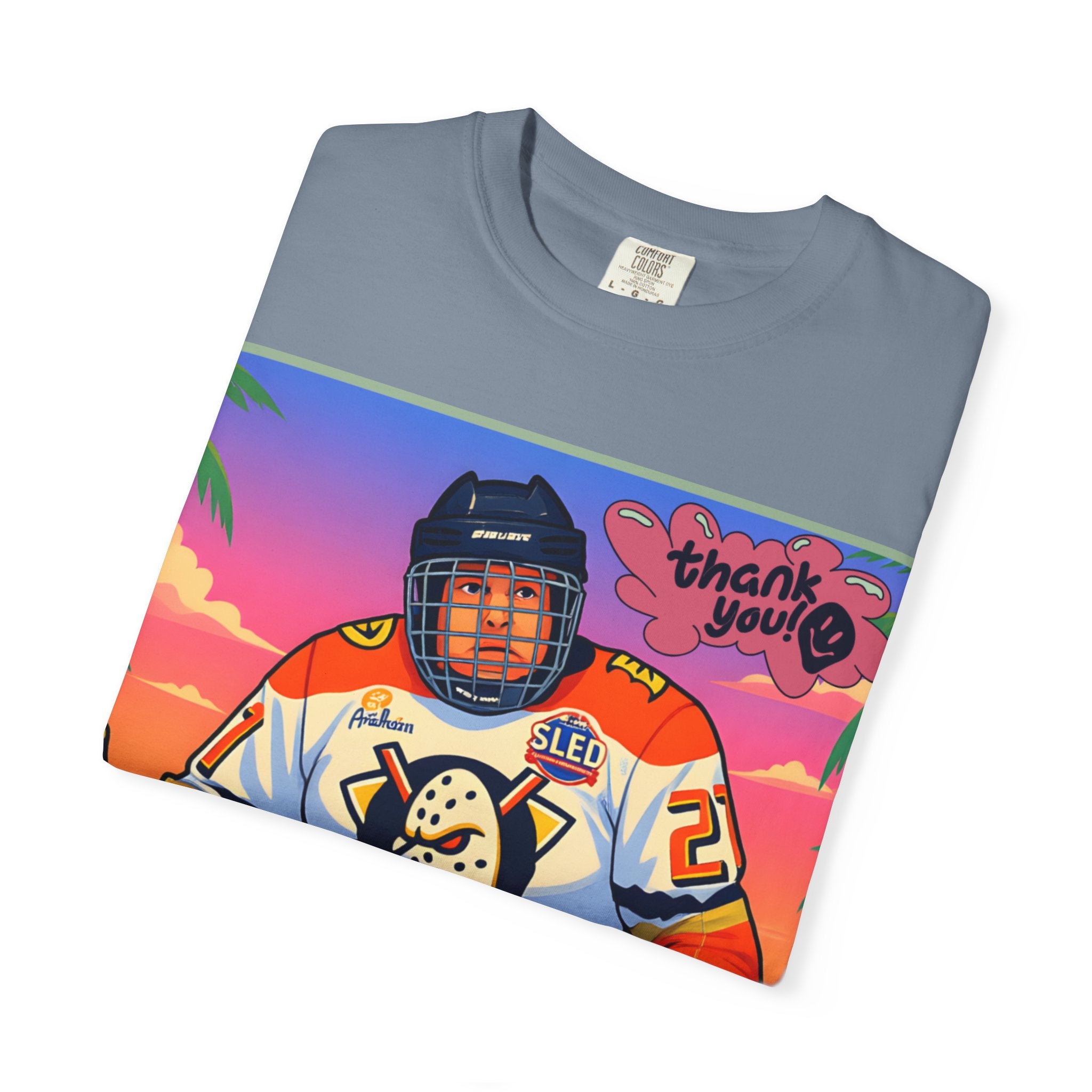 Hockey Tropics T‑Shirt — Sled Hockey Player with "Thank You" Graphic