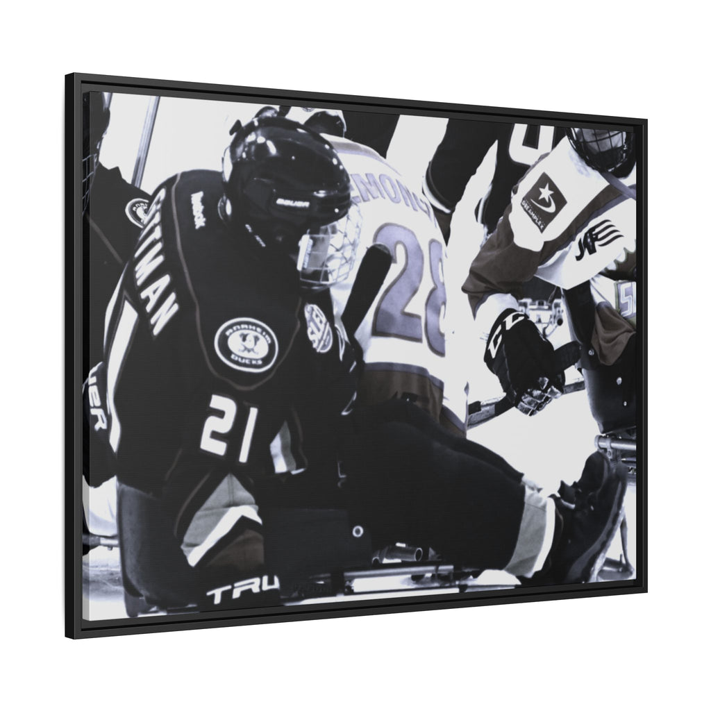 Framed Hockey Action Matte Canvas Print — Black & White Sports Wall Art