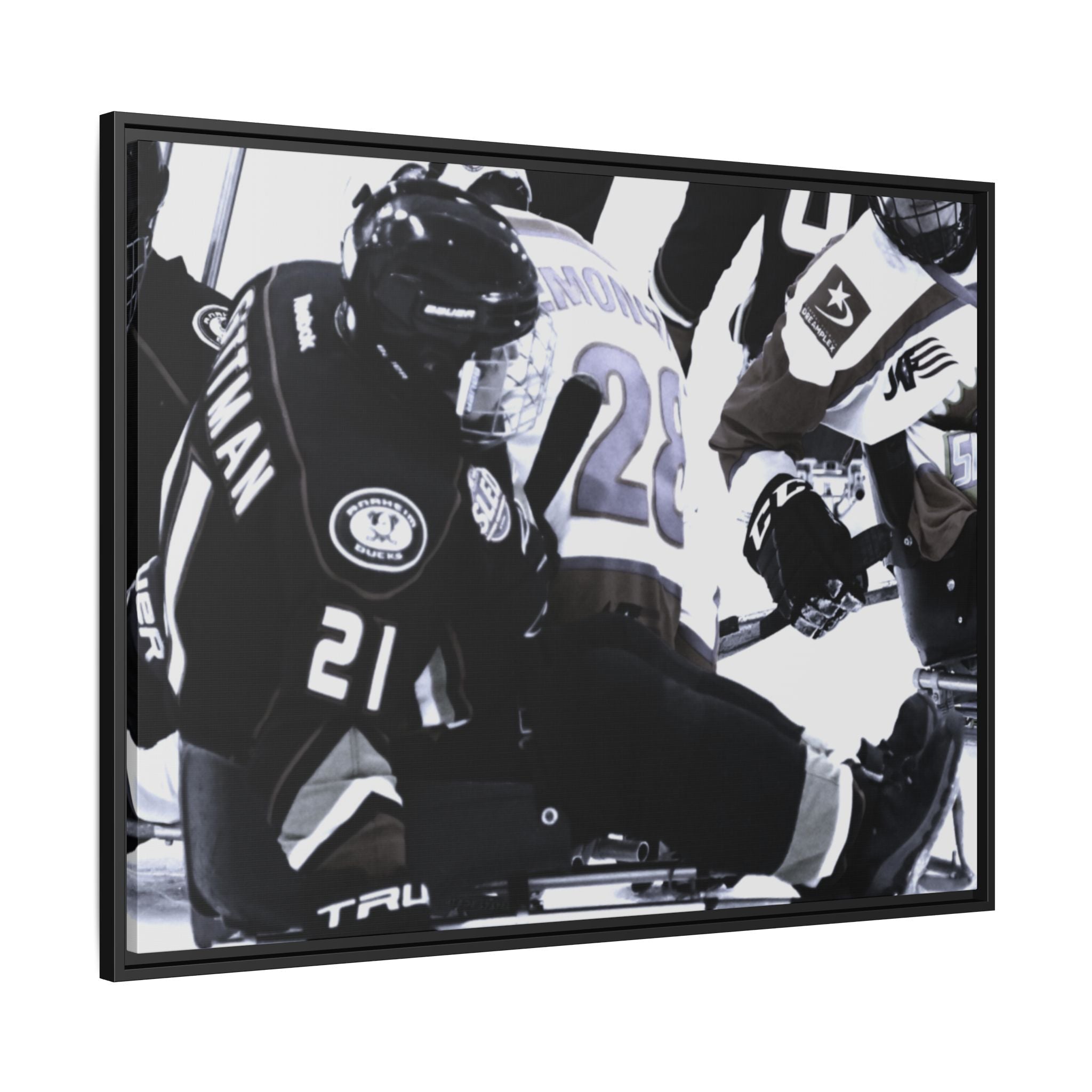Framed Hockey Action Matte Canvas Print — Black & White Sports Wall Art