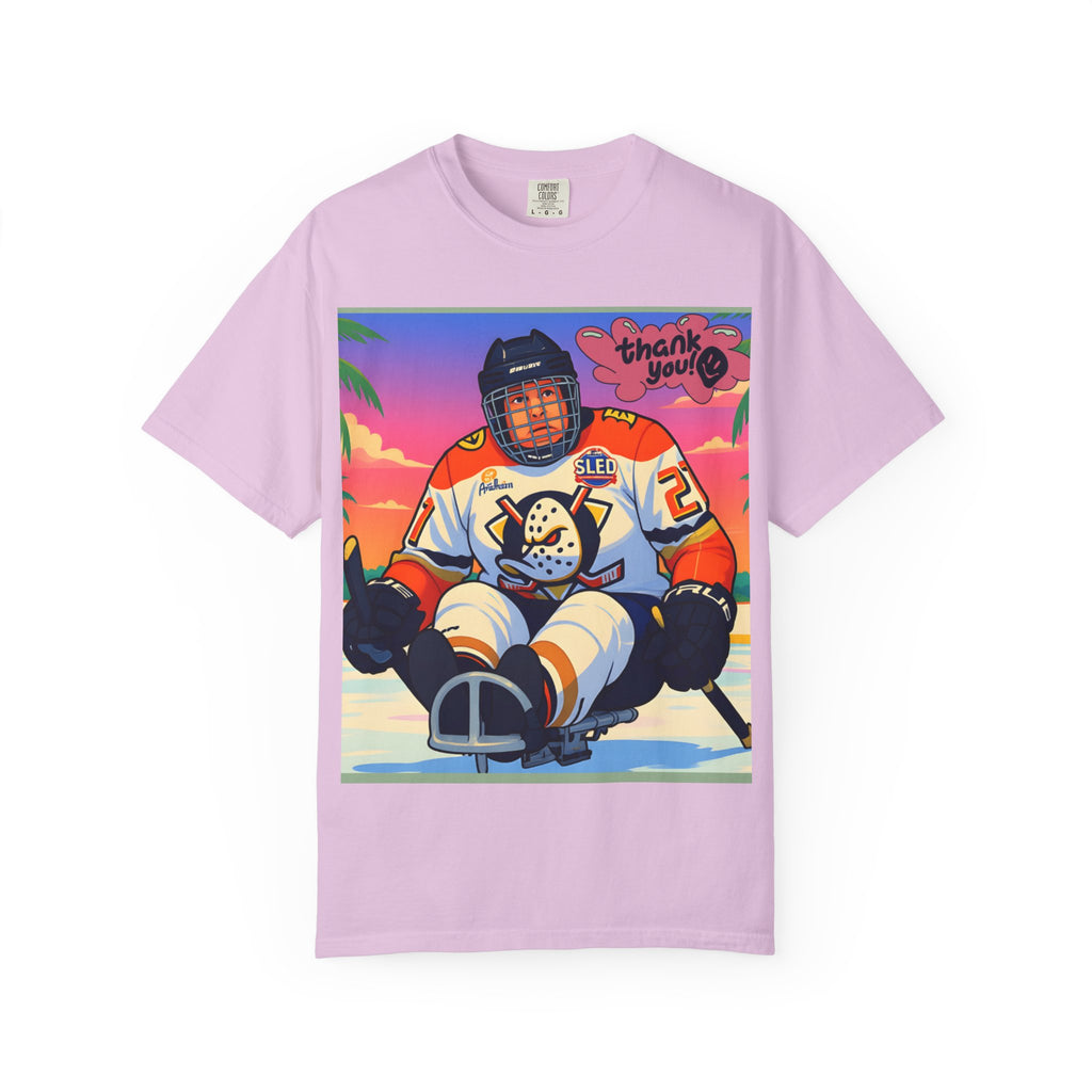 Hockey Tropics T‑Shirt — Sled Hockey Player with "Thank You" Graphic