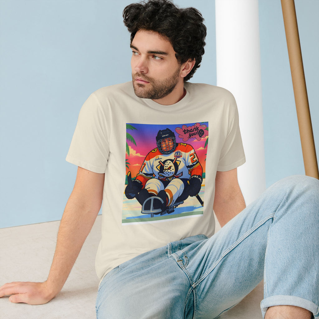 Hockey Sled Player Graphic T-Shirt — "Thank You" Retro Beach Vibe