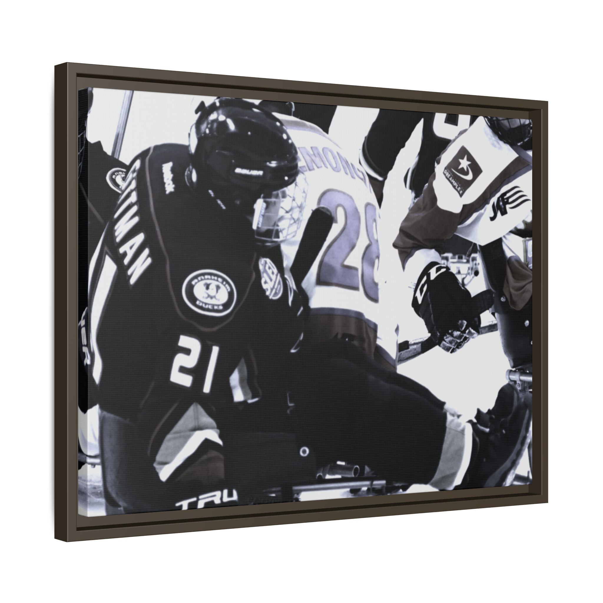 Framed Hockey Action Matte Canvas Print — Black & White Sports Wall Art