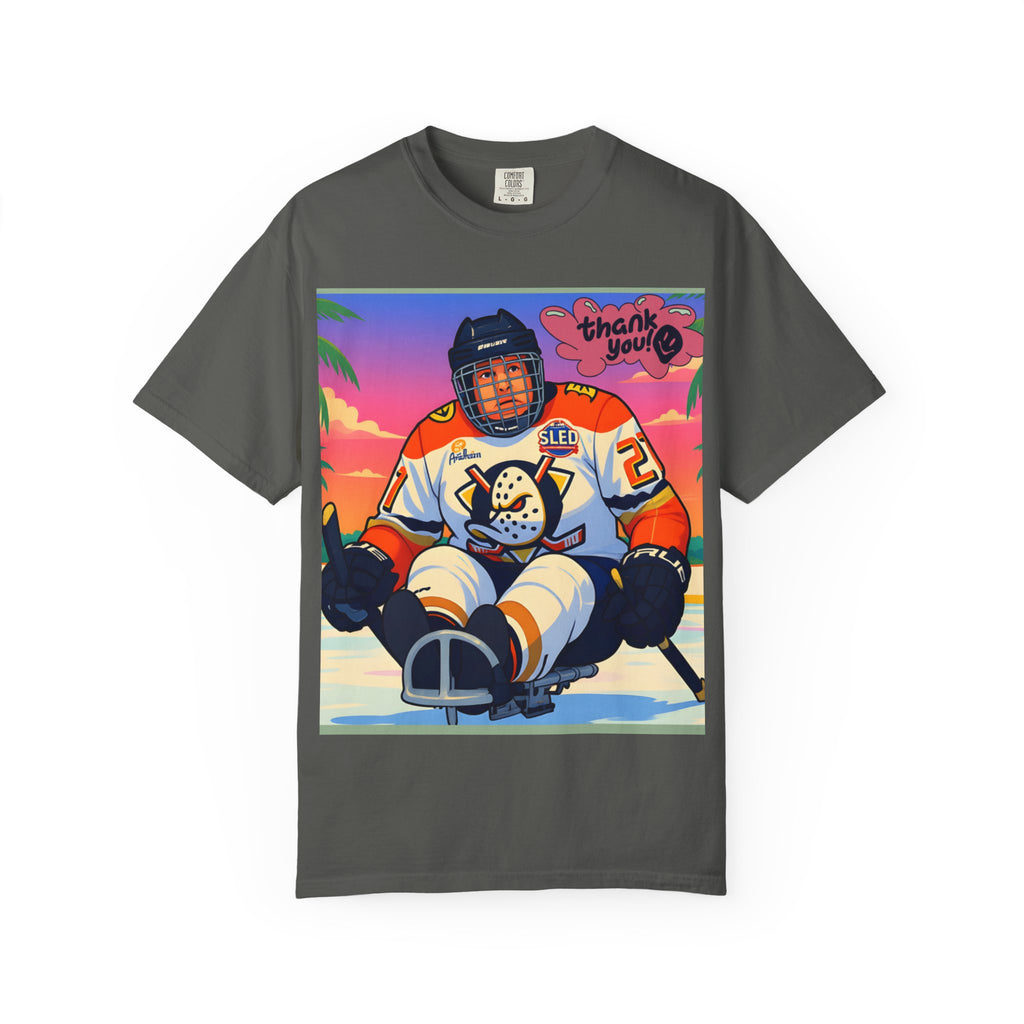 Hockey Tropics T‑Shirt — Sled Hockey Player with "Thank You" Graphic