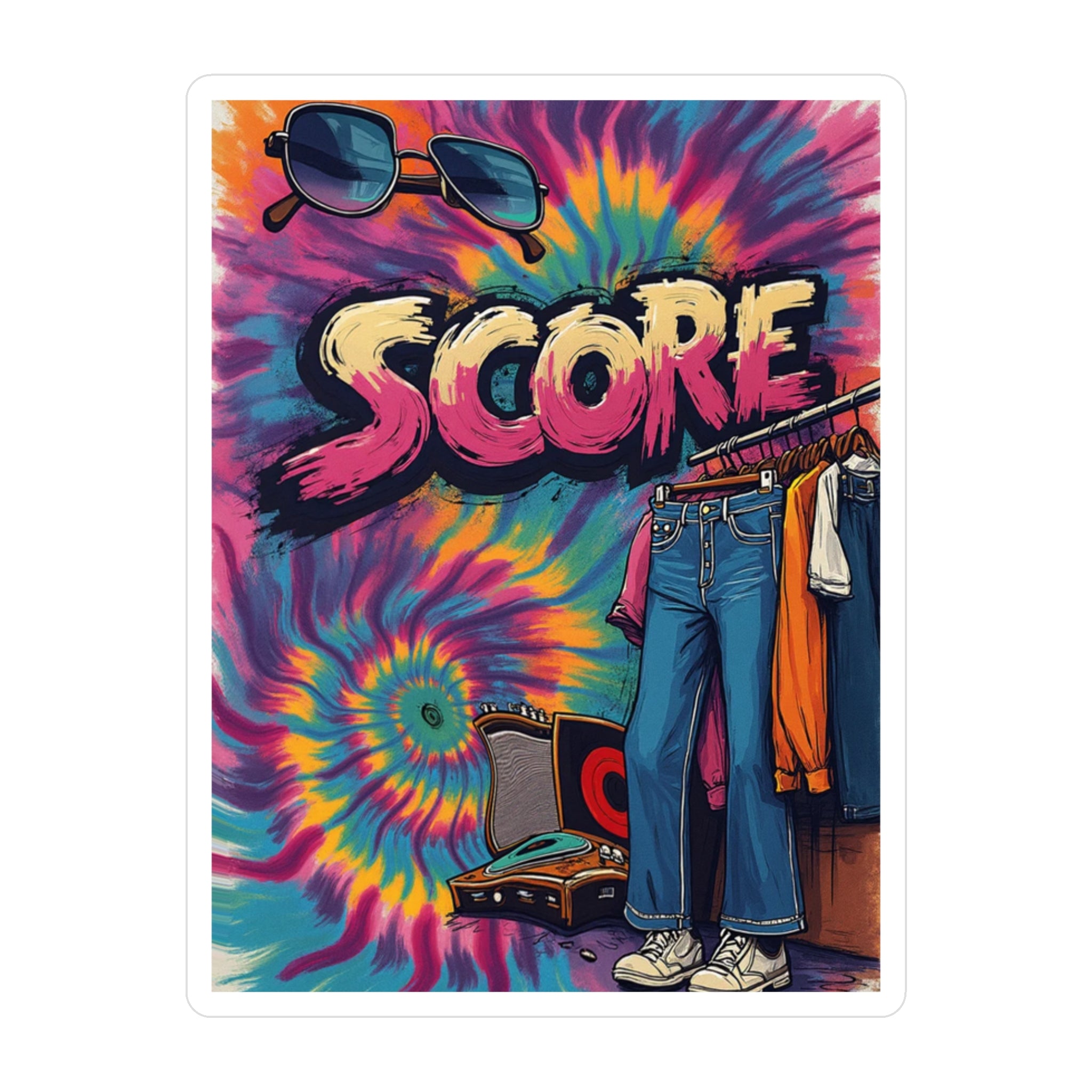 Score Tie-Dye Vinyl Sticker — Retro 70s Jeans & Sunglasses Kiss-Cut Decal