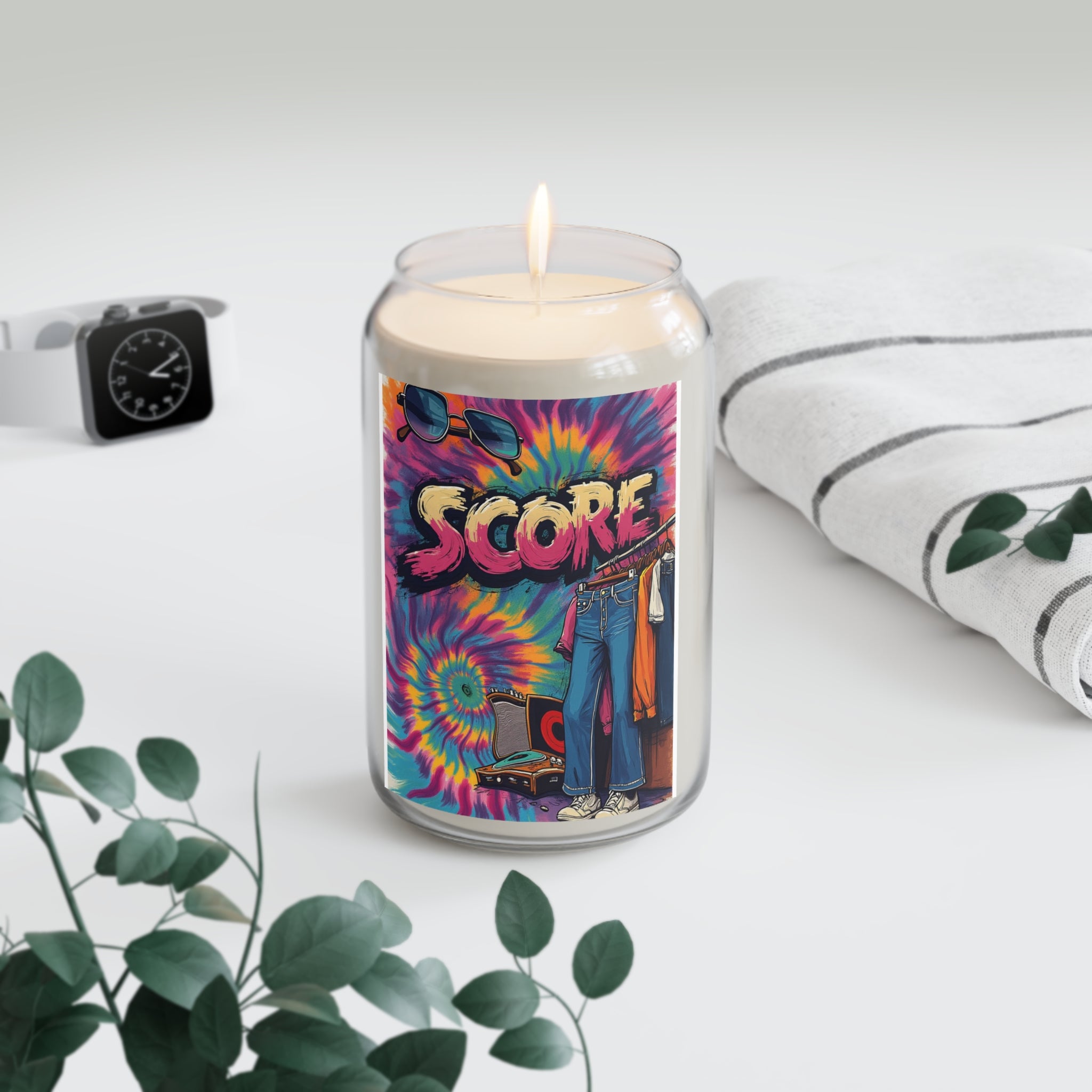 Score Tie-Dye Soy Candle — 13.75 oz Scented Jar (Retro Record & Closet Vibe)