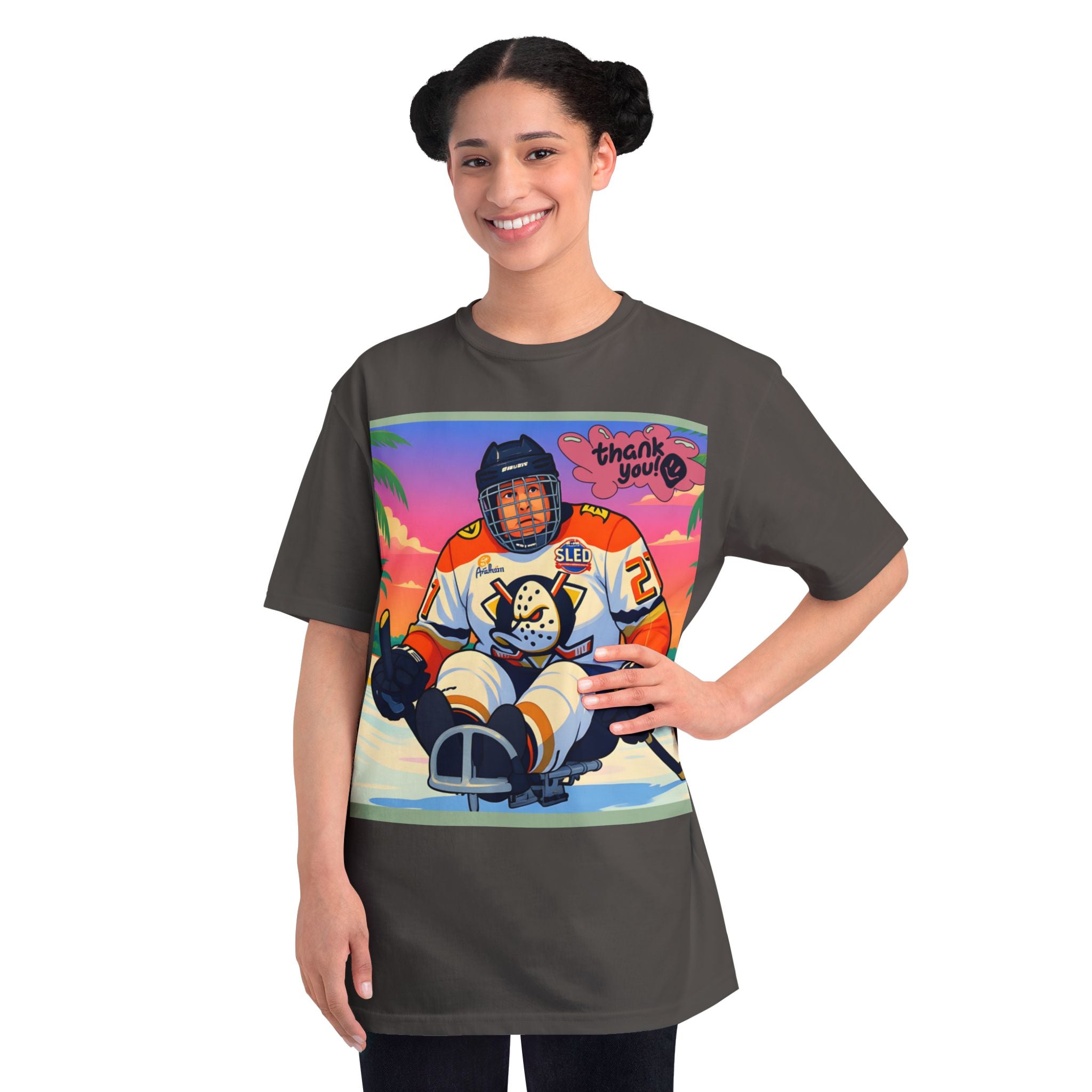 Hockey Sled Player Retro Sunset T-Shirt — 'thank you' Graphic