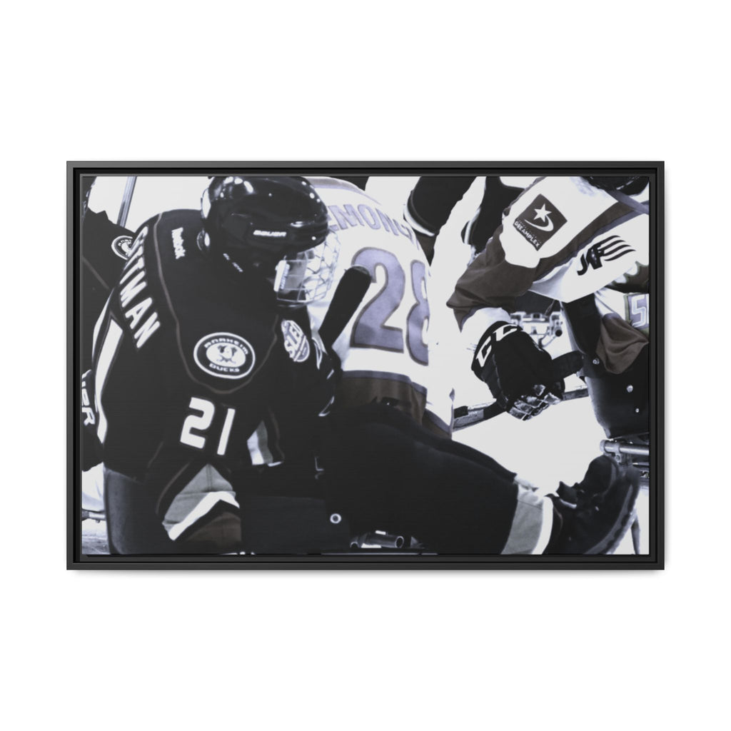 Framed Hockey Action Matte Canvas Print — Black & White Sports Wall Art