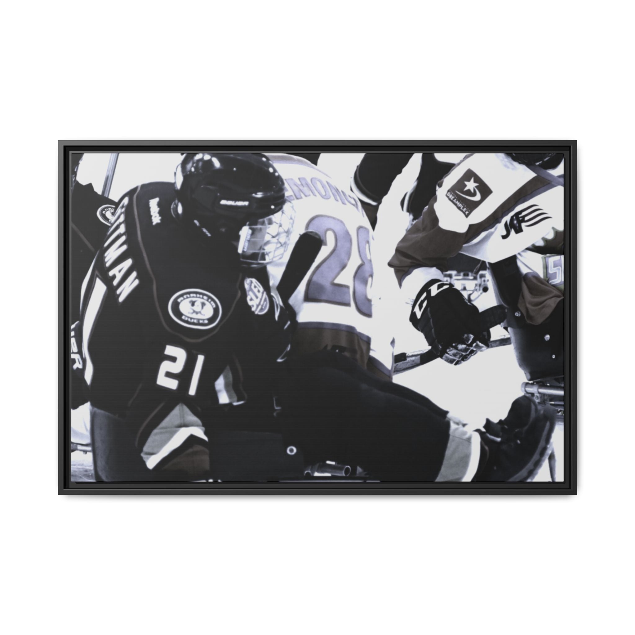 Framed Hockey Action Matte Canvas Print — Black & White Sports Wall Art