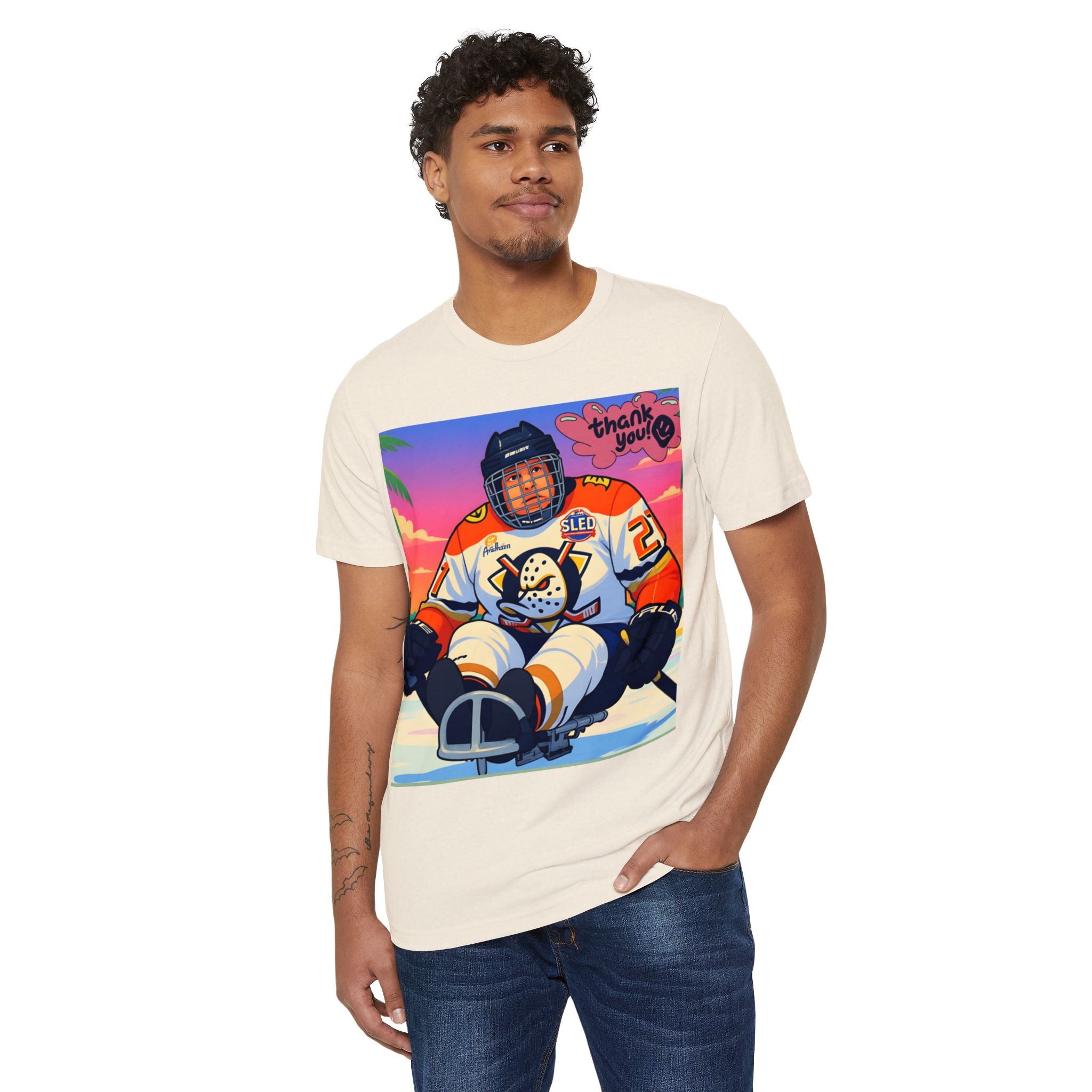 Sled Hockey Player "Thank You" Tee — Retro Sunset Adaptive Sports T-Shirt