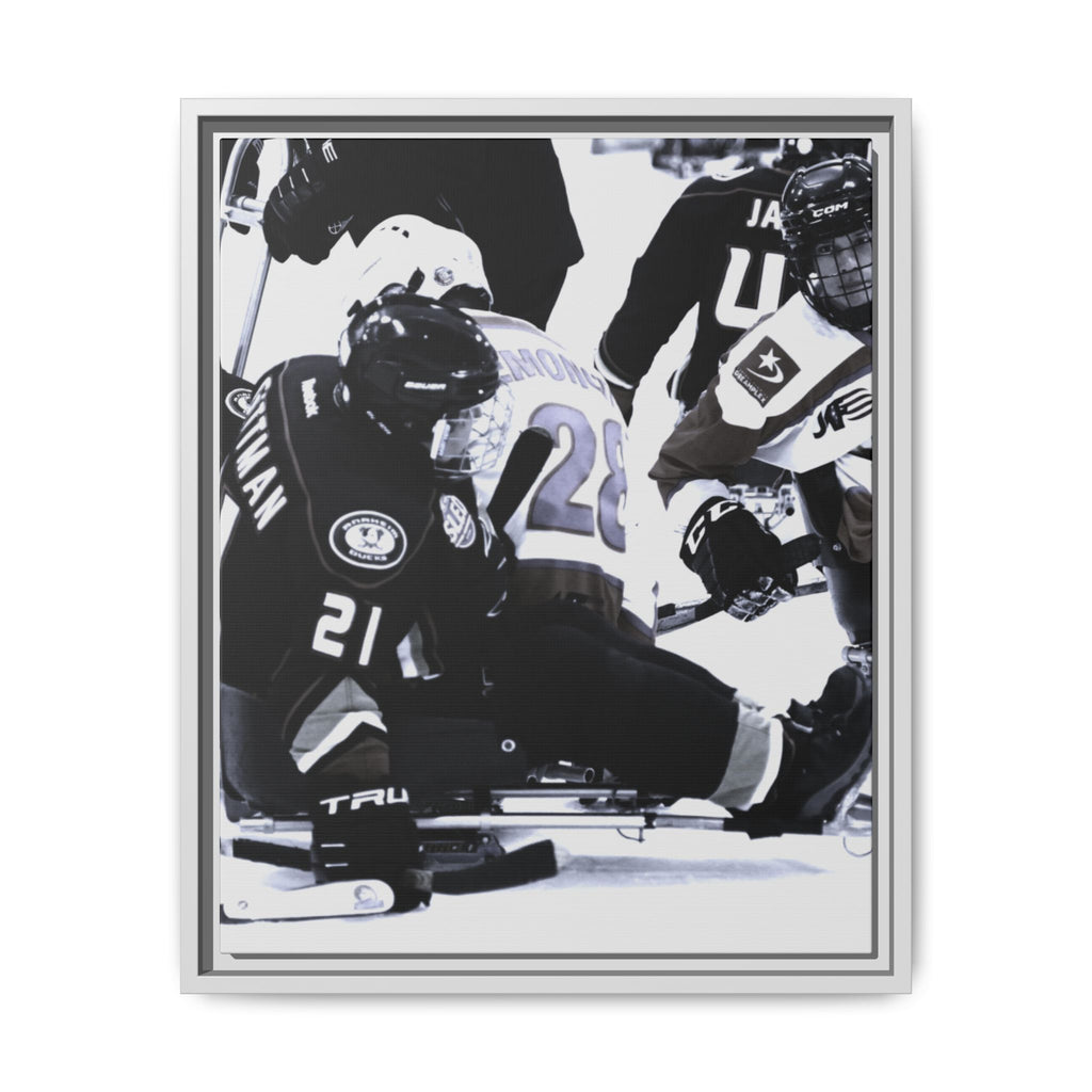 Framed Hockey Action Matte Canvas Print — Black & White Sports Wall Art