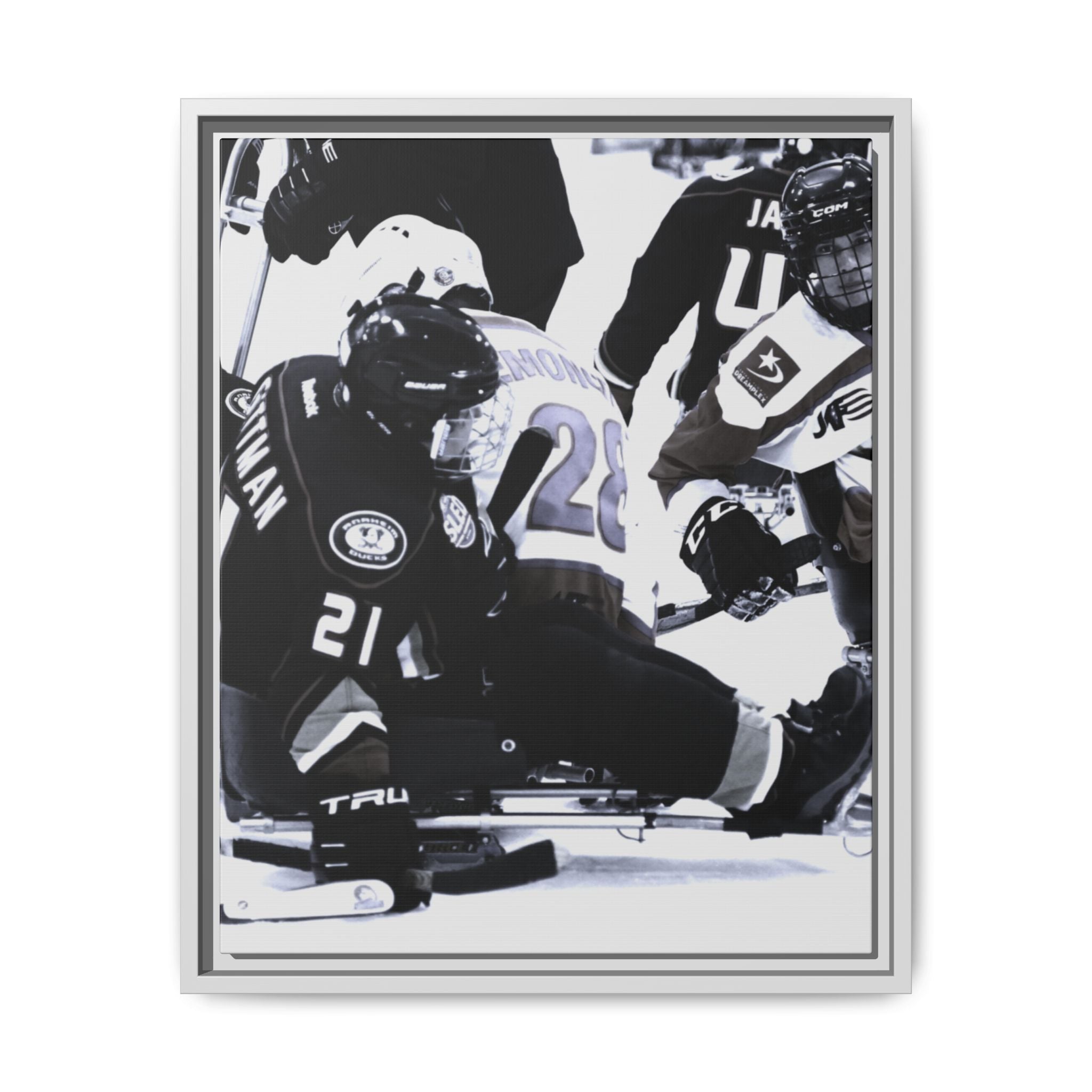 Framed Hockey Action Matte Canvas Print — Black & White Sports Wall Art