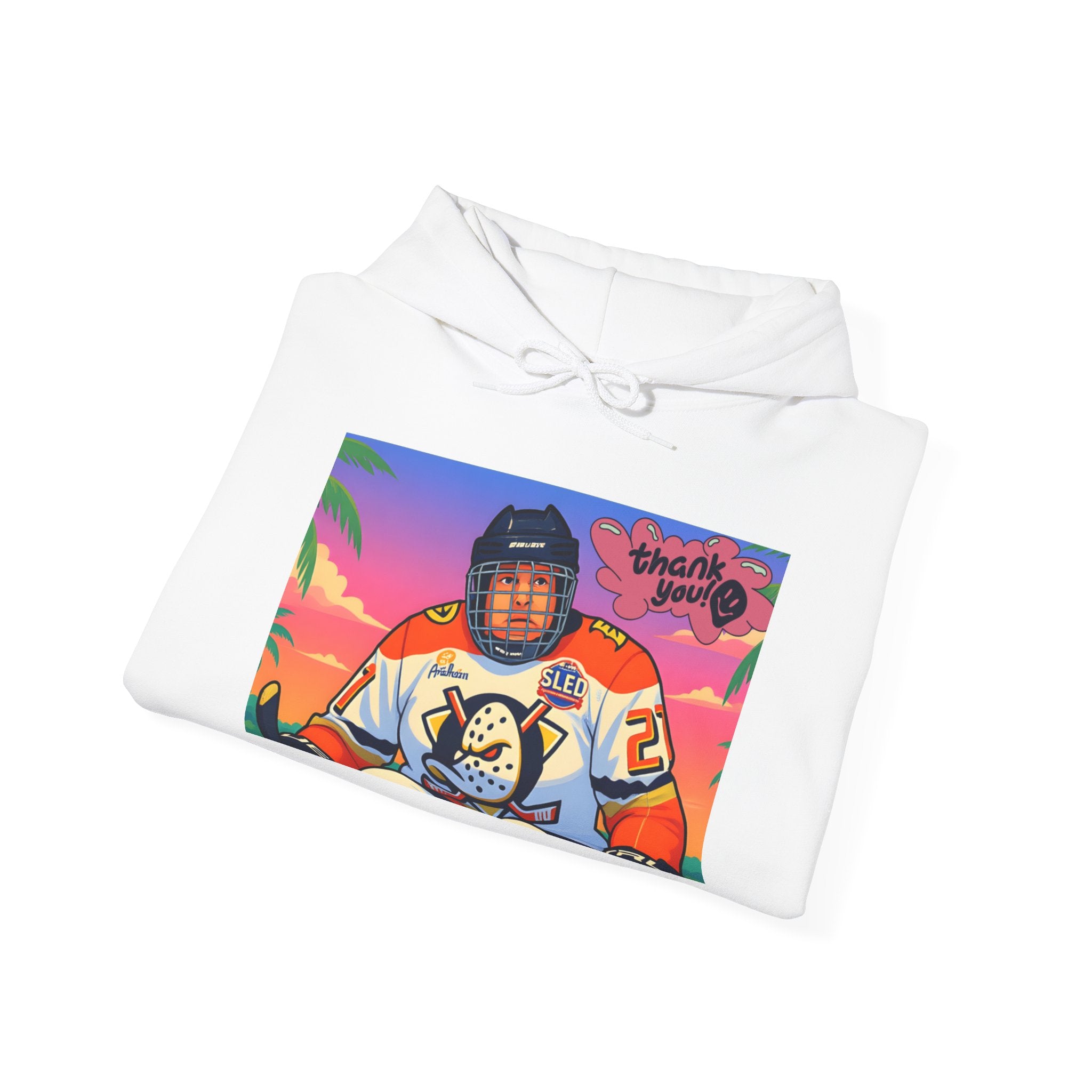 Hockey Player Retro Sunset Hoodie — Vintage Anaheim Skate Jersey Graphic
