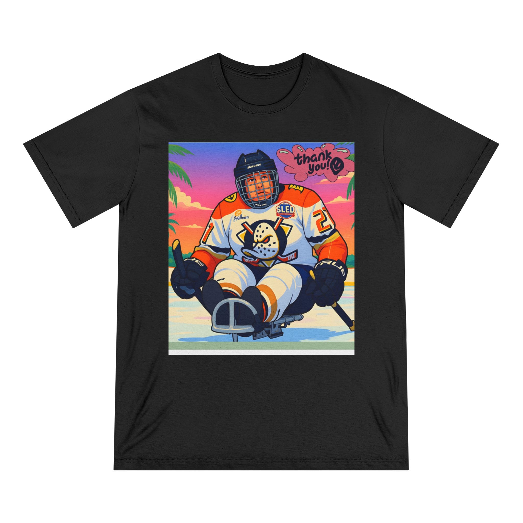 Hockey Sled Player Graphic T-Shirt — "Thank You" Retro Beach Vibe