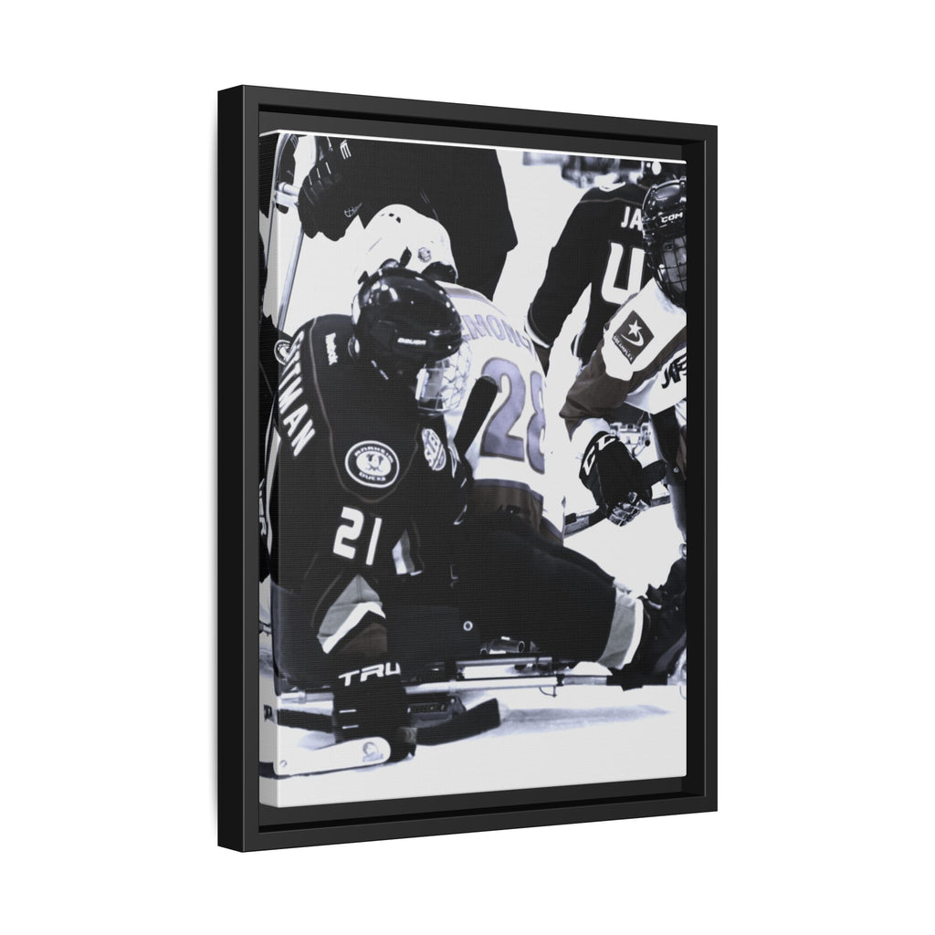 Framed Hockey Action Matte Canvas Print — Black & White Sports Wall Art
