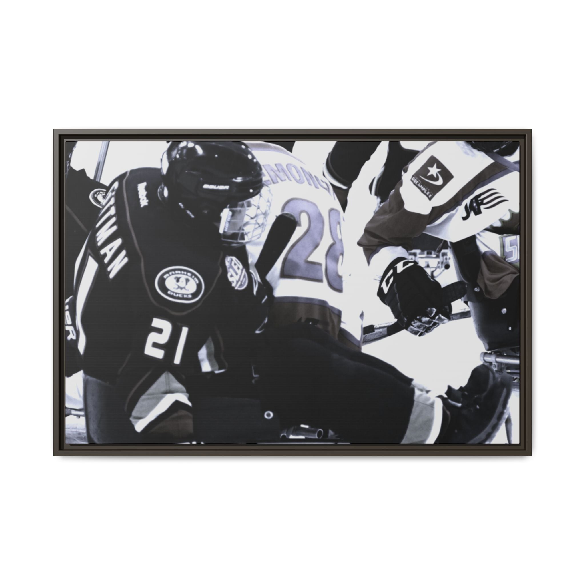 Framed Hockey Action Matte Canvas Print — Black & White Sports Wall Art