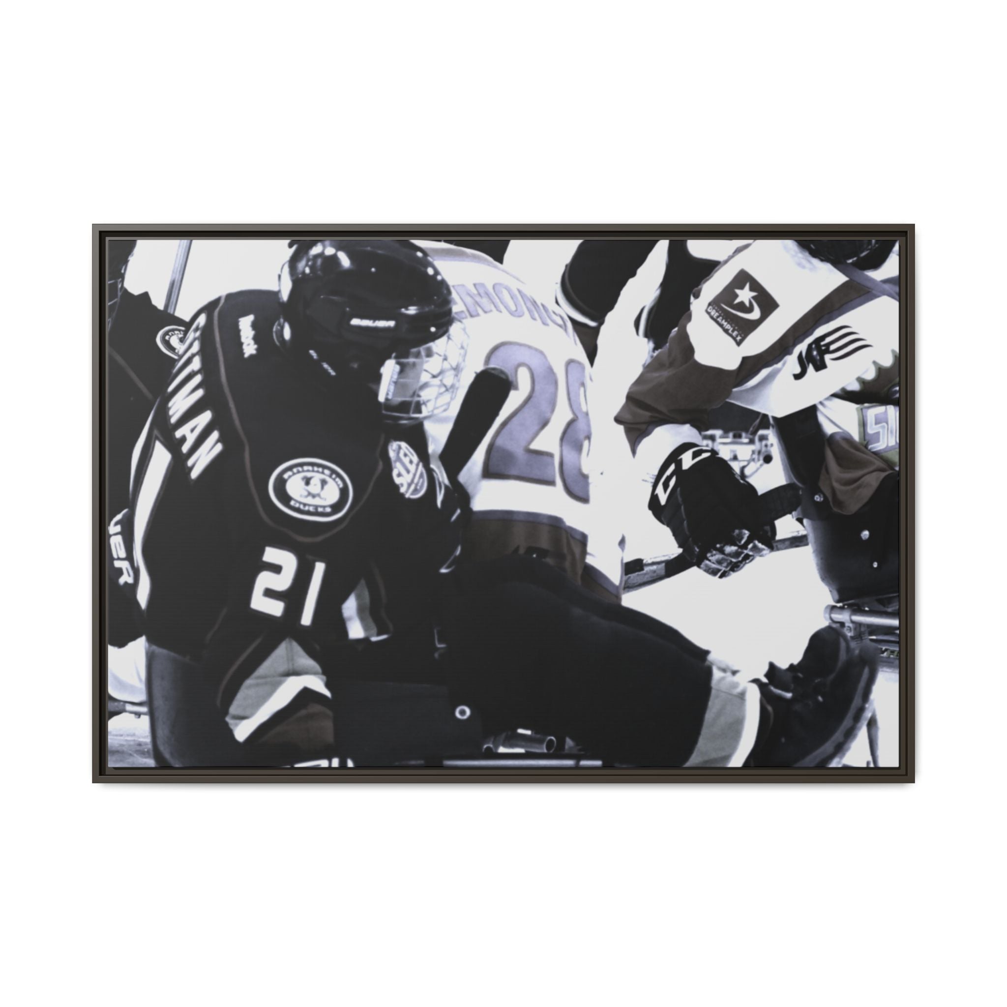 Framed Hockey Action Matte Canvas Print — Black & White Sports Wall Art