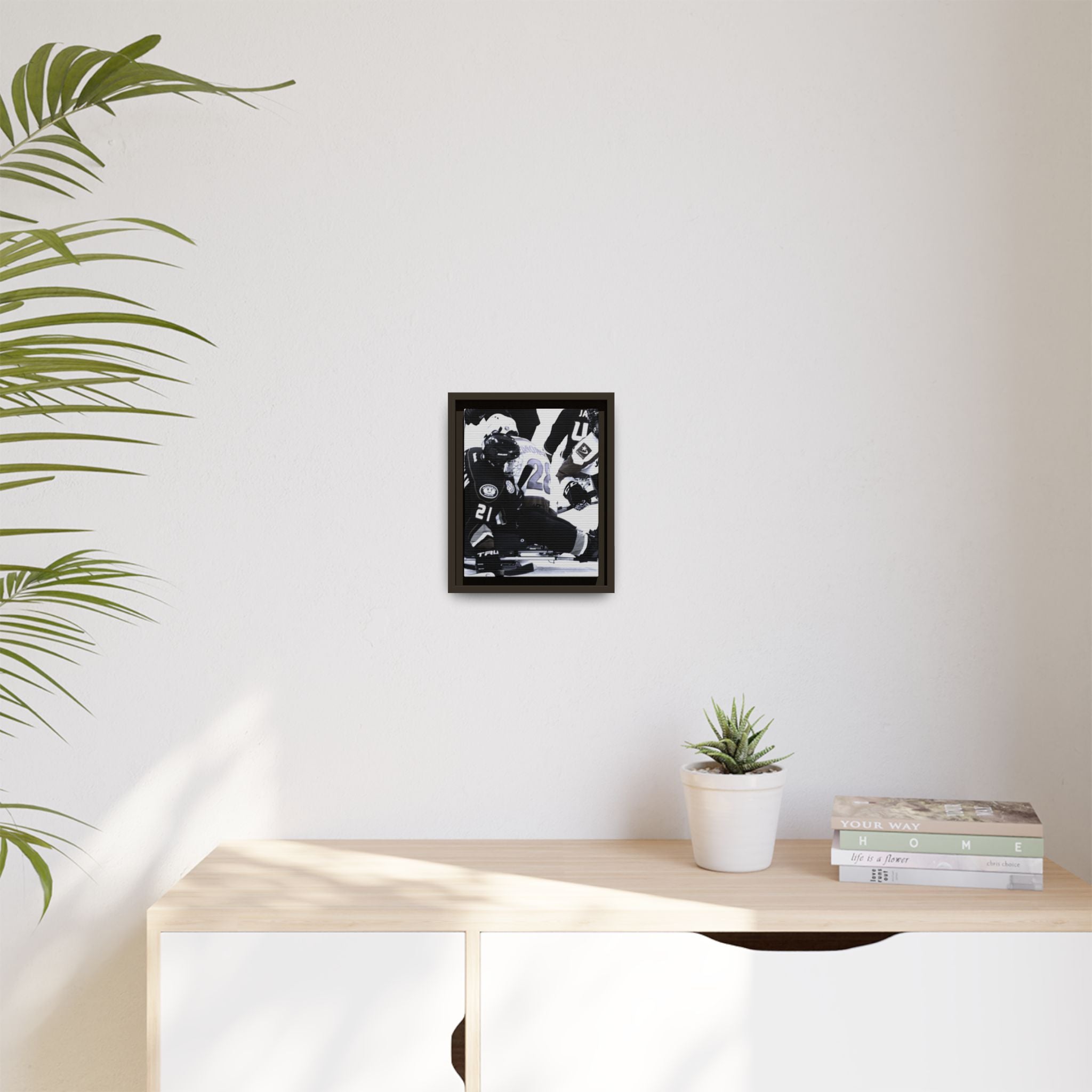 Framed Hockey Action Matte Canvas Print — Black & White Sports Wall Art