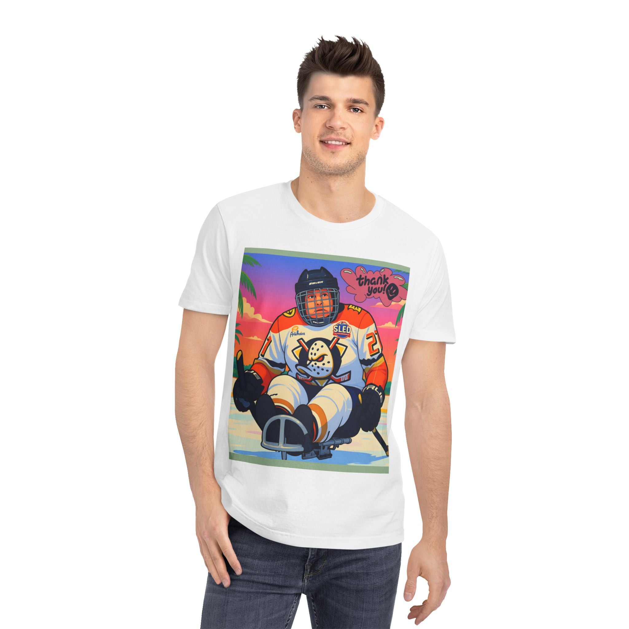 Hockey Sled Player Graphic T-Shirt — "Thank You" Retro Beach Vibe