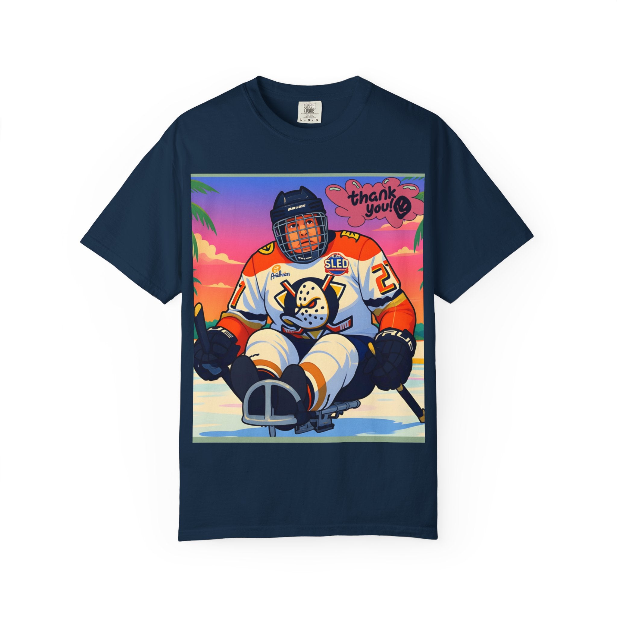 Hockey Tropics T‑Shirt — Sled Hockey Player with "Thank You" Graphic