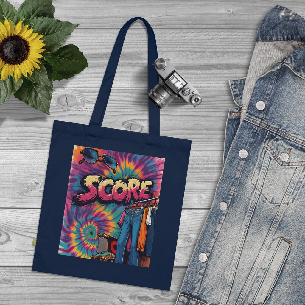 Score Tie-Dye Tote Bag — Retro 70s Skateboard Graphic Organic Cotton Tote