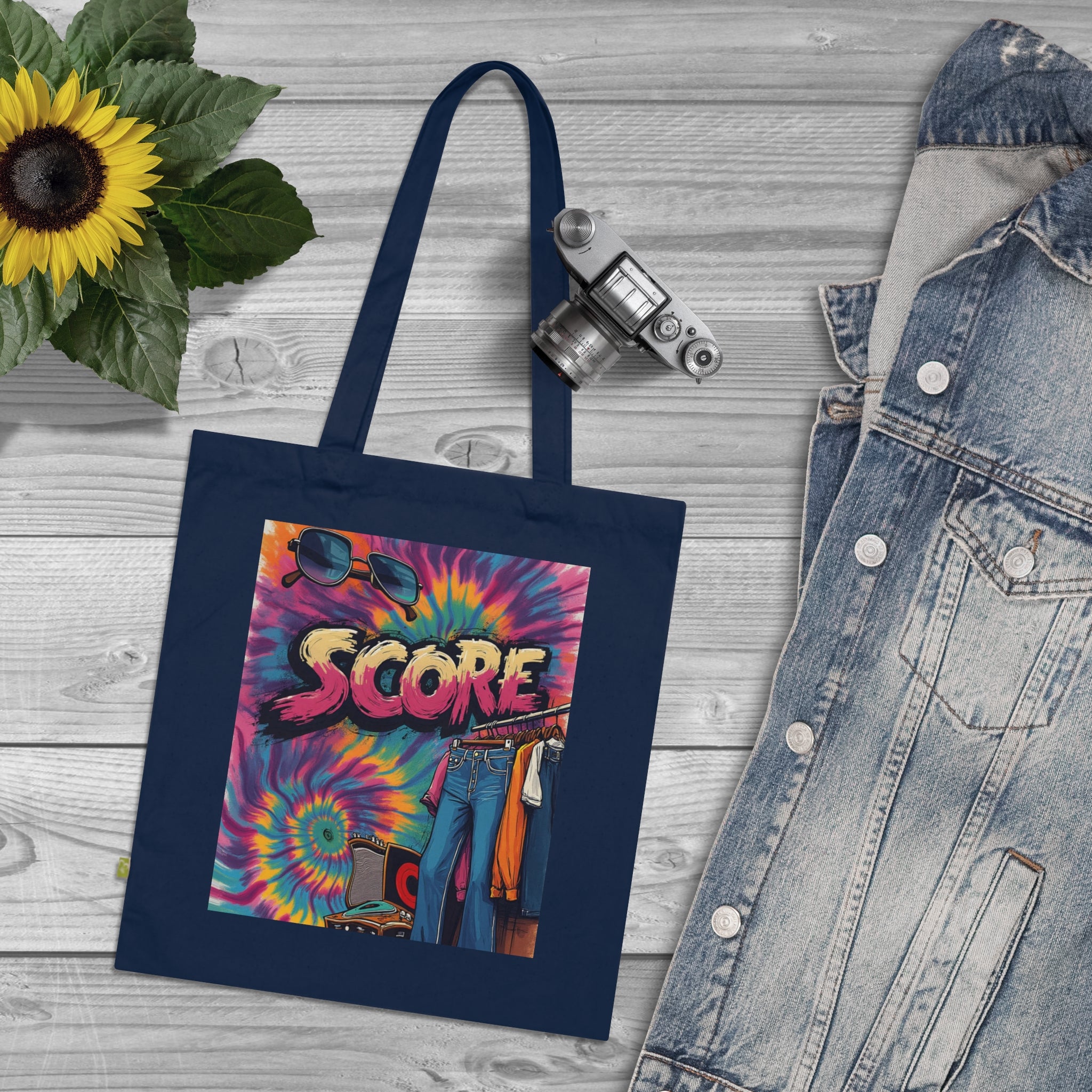 Score Tie-Dye Tote Bag — Retro 70s Skateboard Graphic Organic Cotton Tote