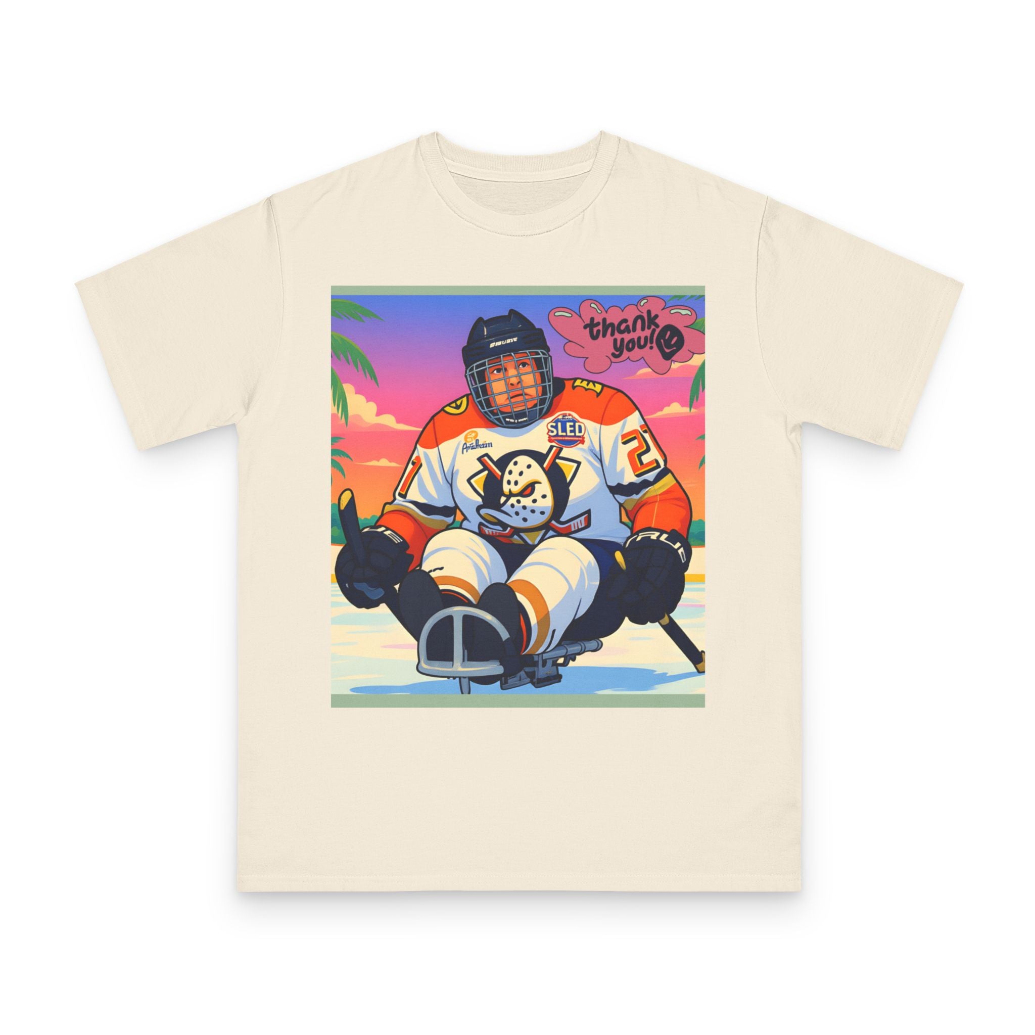 Hockey Sled Player Retro Sunset T-Shirt — 'thank you' Graphic
