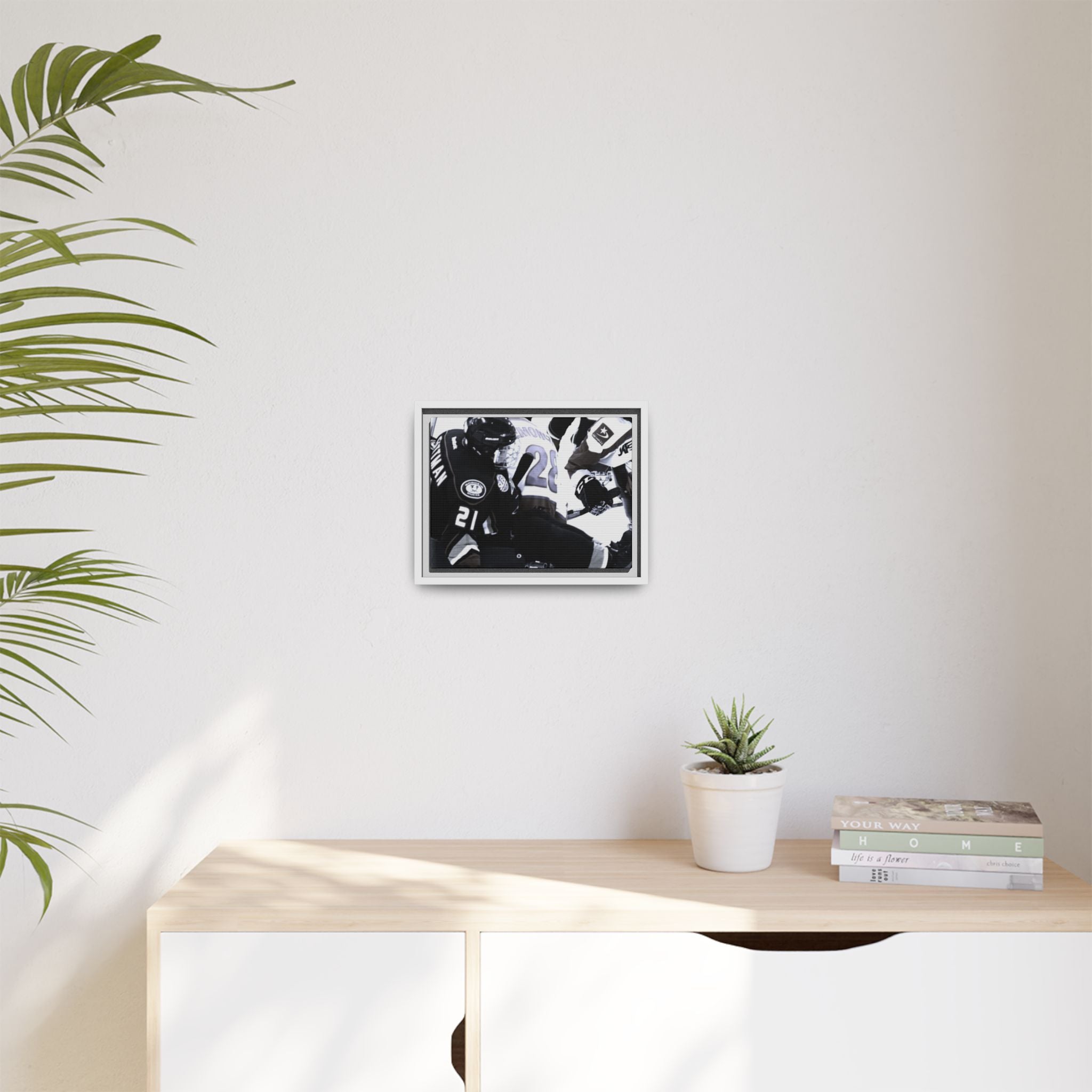 Framed Hockey Action Matte Canvas Print — Black & White Sports Wall Art