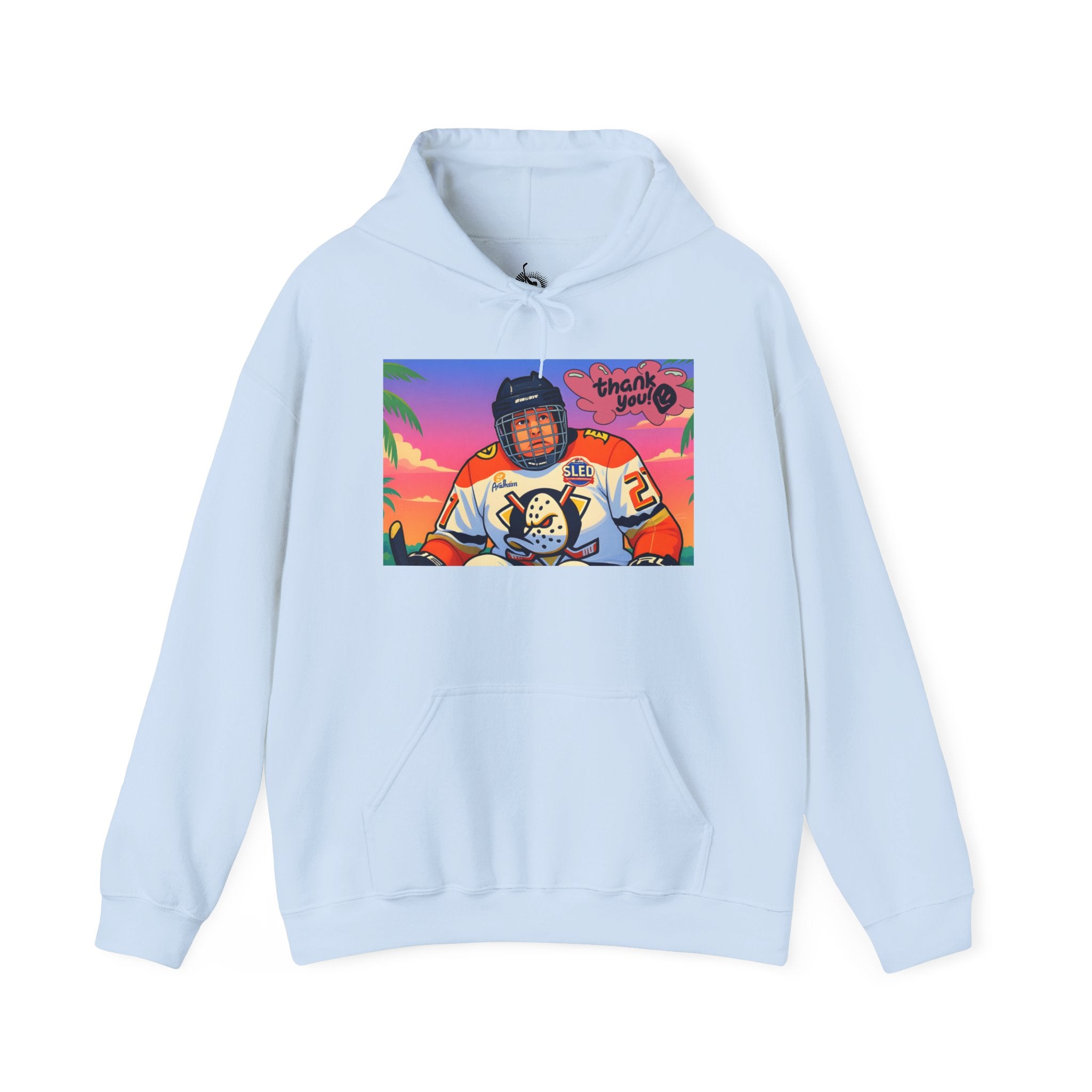 Hockey Player Retro Sunset Hoodie — Vintage Anaheim Skate Jersey Graphic