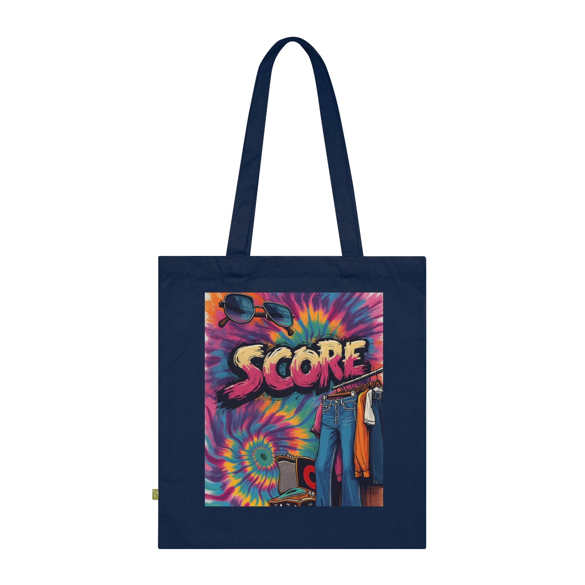 Score Tie-Dye Tote Bag — Retro 70s Skateboard Graphic Organic Cotton Tote