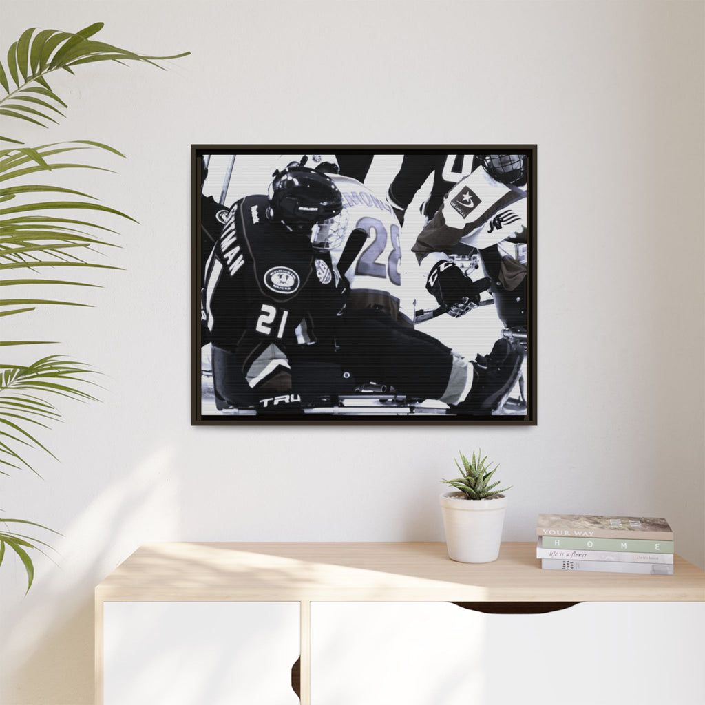 Framed Hockey Action Matte Canvas Print — Black & White Sports Wall Art