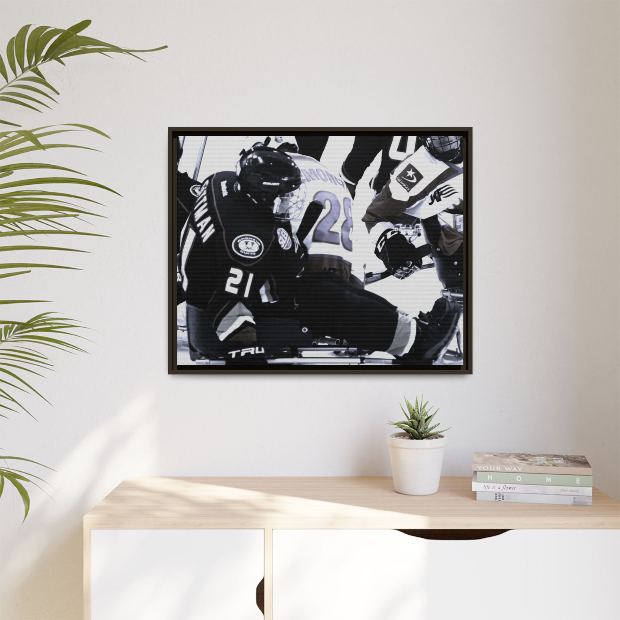 Framed Hockey Action Matte Canvas Print — Black & White Sports Wall Art