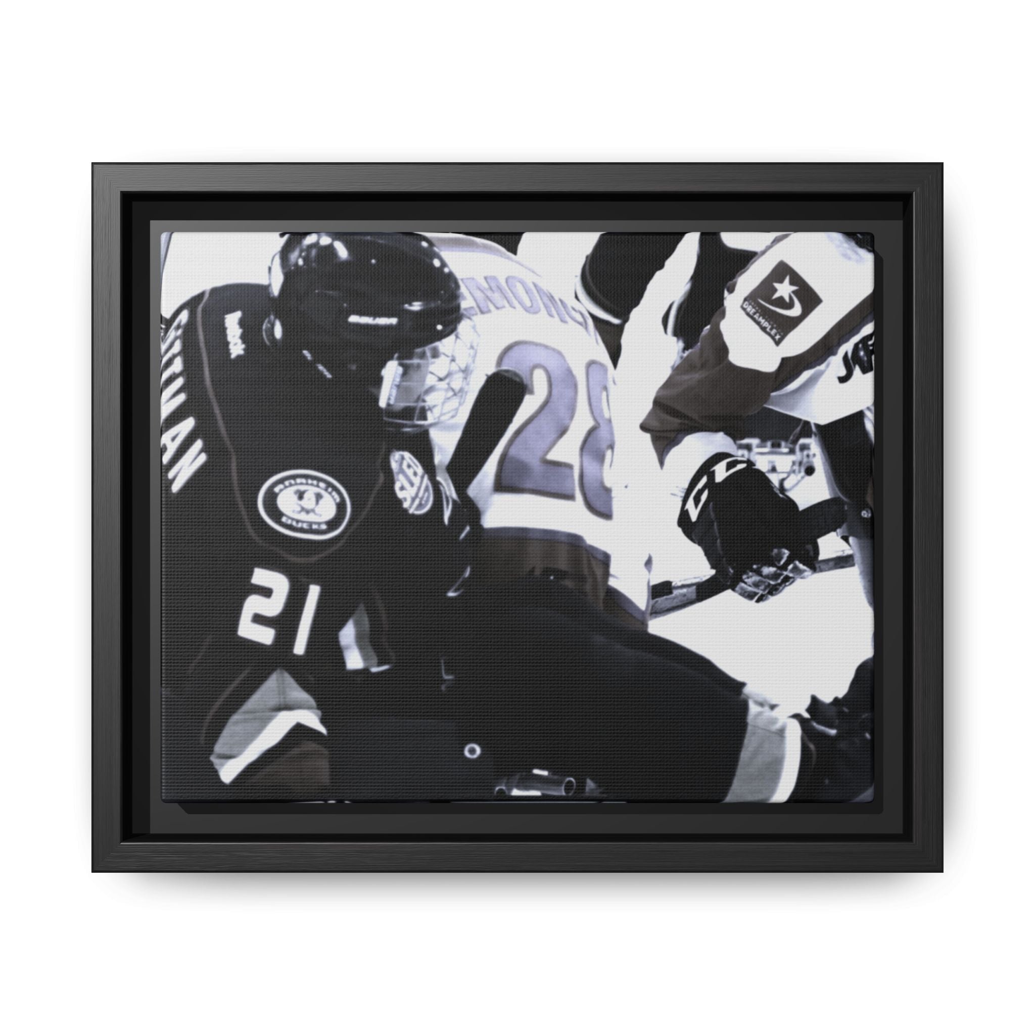 Framed Hockey Action Matte Canvas Print — Black & White Sports Wall Art