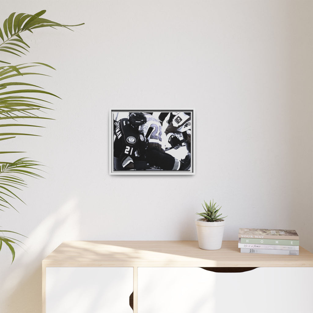Framed Hockey Action Matte Canvas Print — Black & White Sports Wall Art