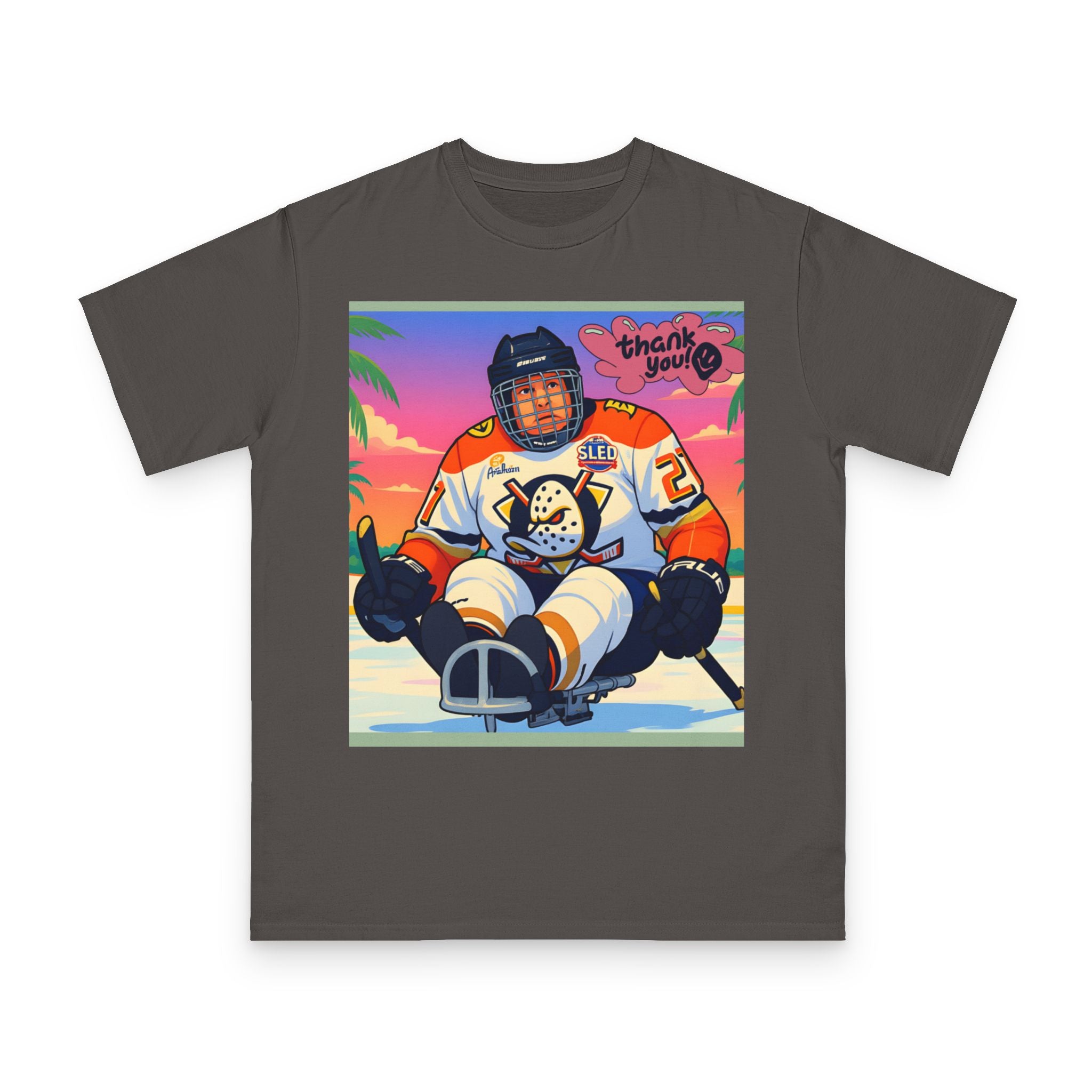 Hockey Sled Player Retro Sunset T-Shirt — 'thank you' Graphic