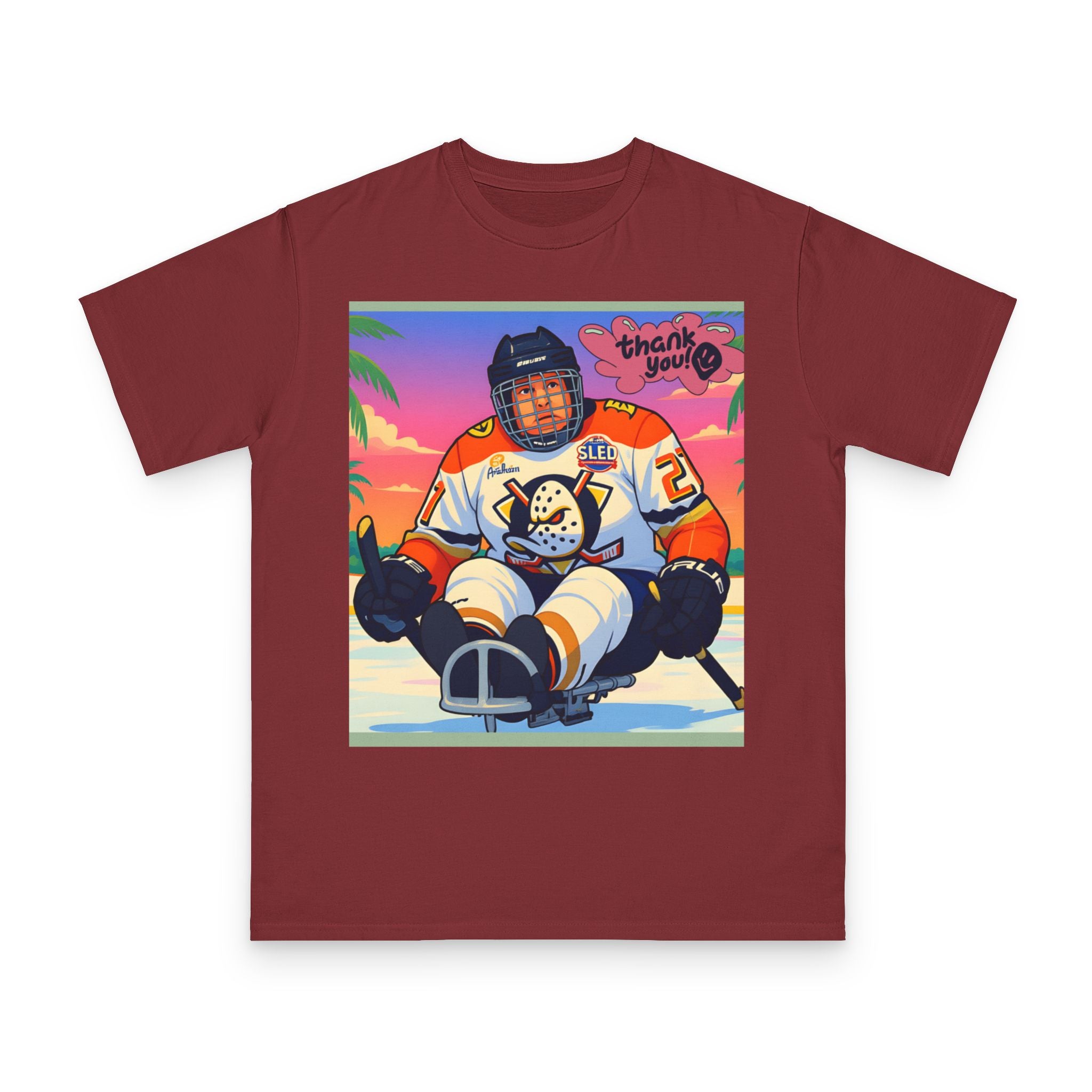 Hockey Sled Player Retro Sunset T-Shirt — 'thank you' Graphic