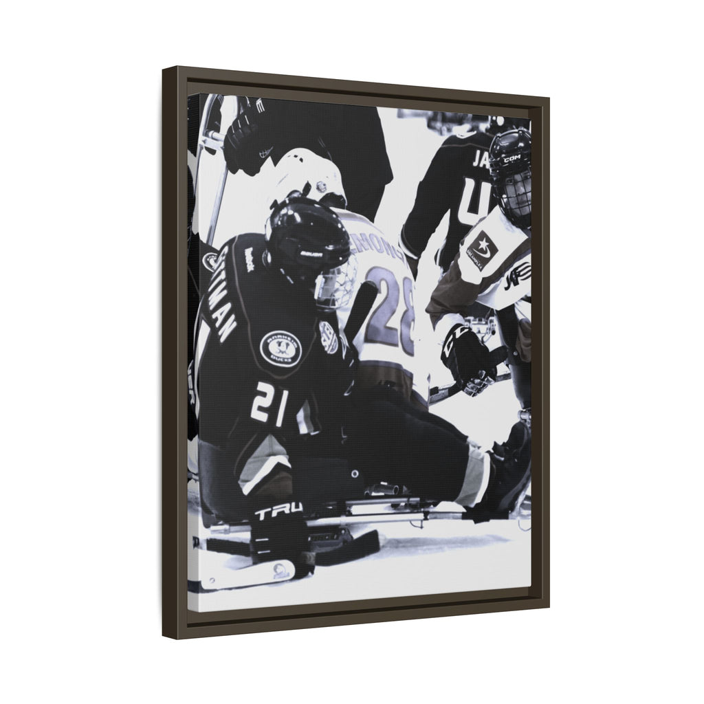 Framed Hockey Action Matte Canvas Print — Black & White Sports Wall Art