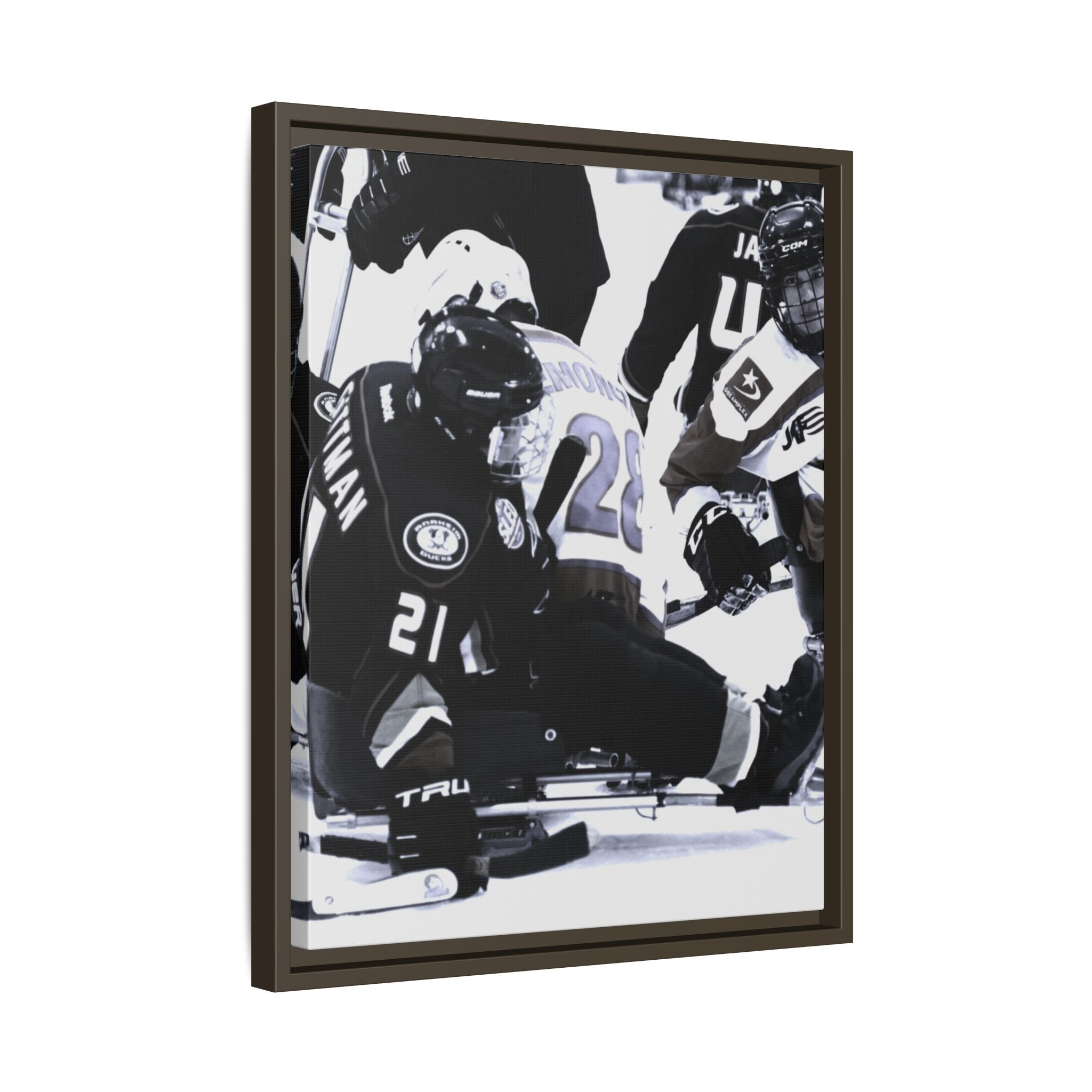 Framed Hockey Action Matte Canvas Print — Black & White Sports Wall Art