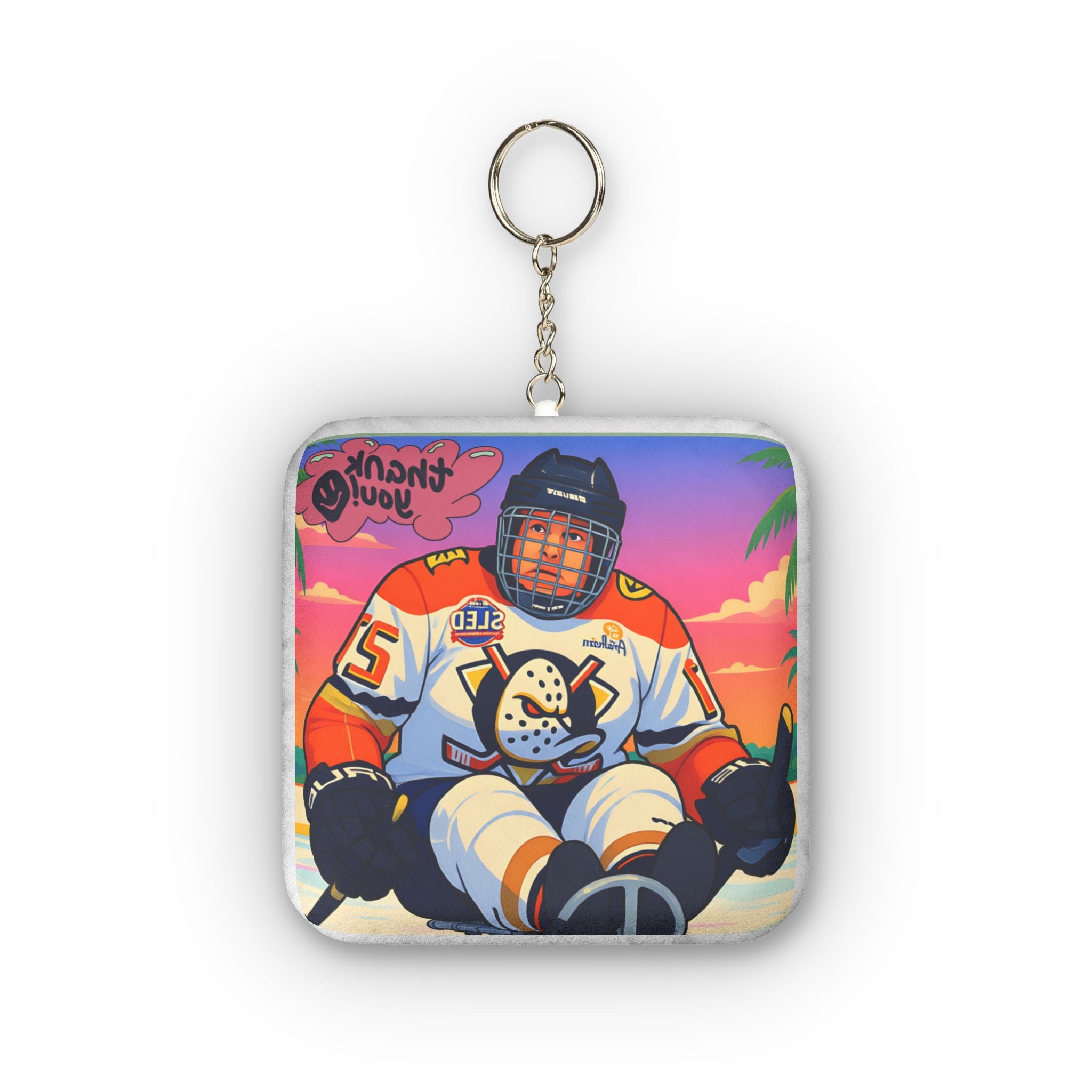 Hockey Player Mini Plush Keychain — Retro Beach Skate Design ("Thank You")