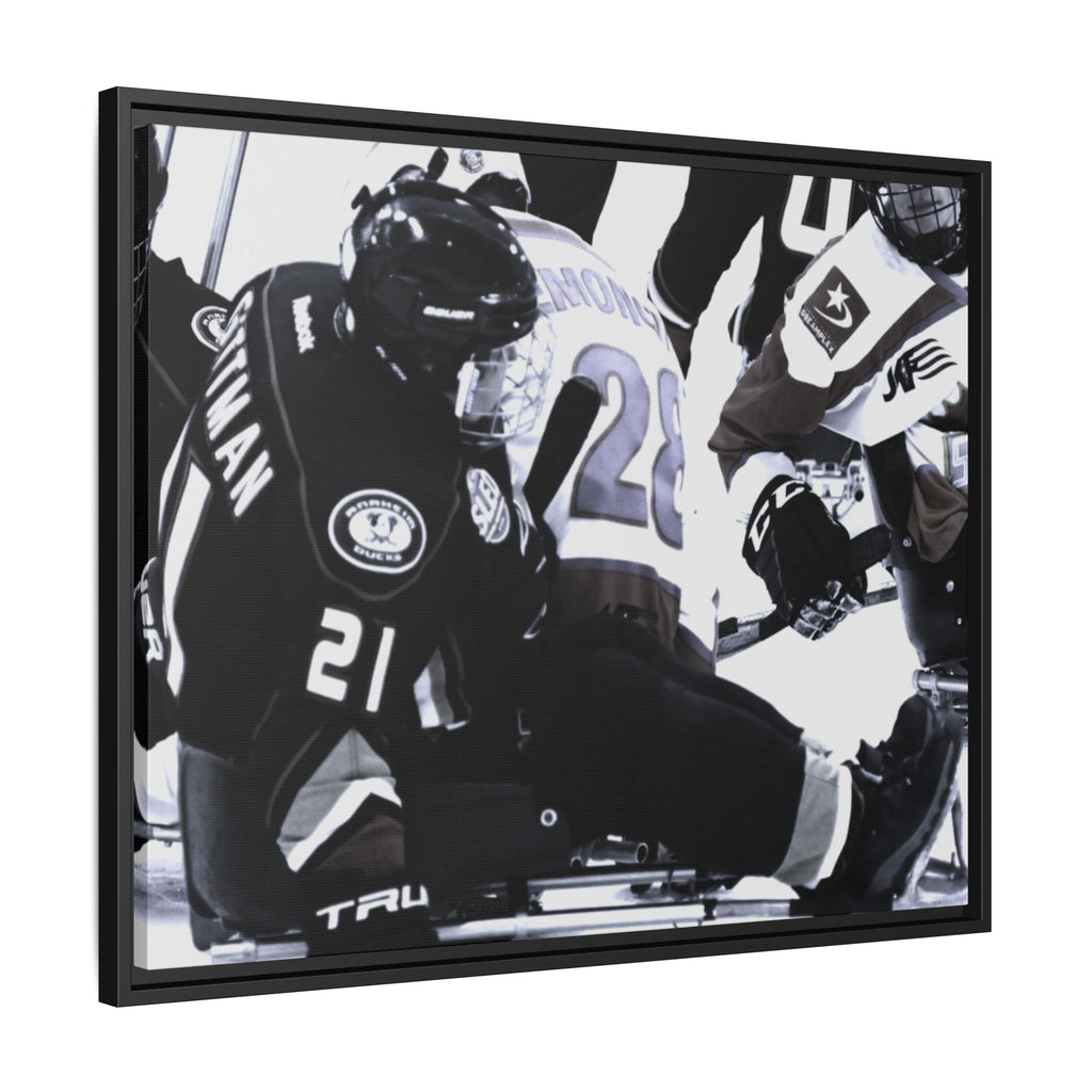 Framed Hockey Action Matte Canvas Print — Black & White Sports Wall Art