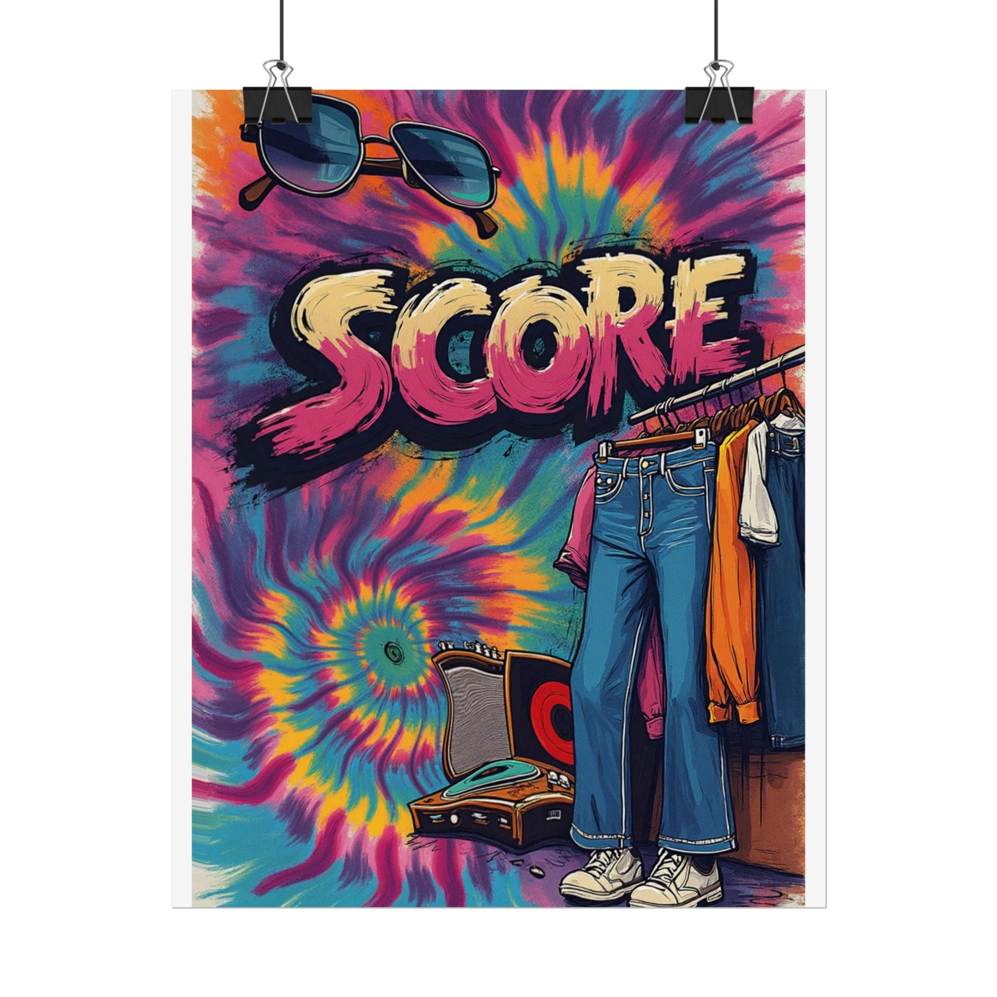 Score Tie-Dye Retro Poster — Vintage 70s Clothes & Record Player Wall Art