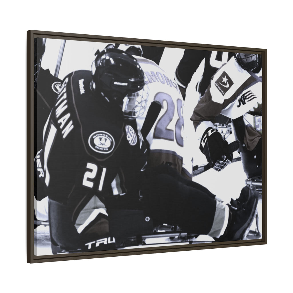 Framed Hockey Action Matte Canvas Print — Black & White Sports Wall Art